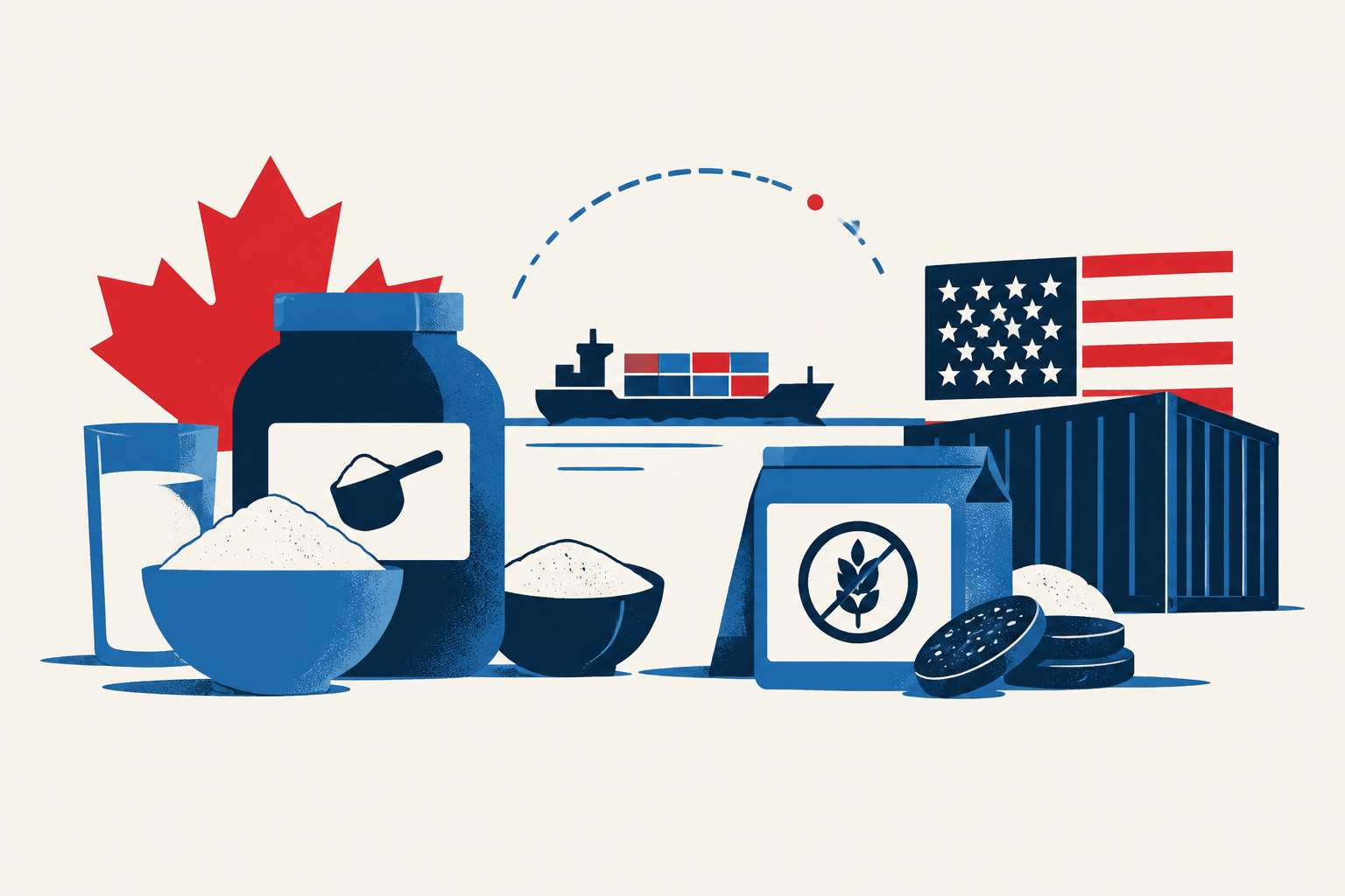 Editorial illustration representing: Wellness businesses flag tariff pressure on whey and gluten-free supply chains