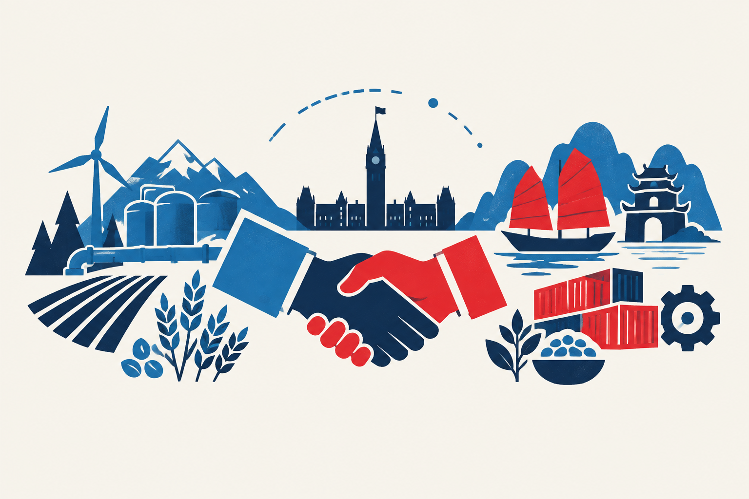 Editorial illustration representing: Canada and Vietnam elevate ties to strategic partnership in Ottawa