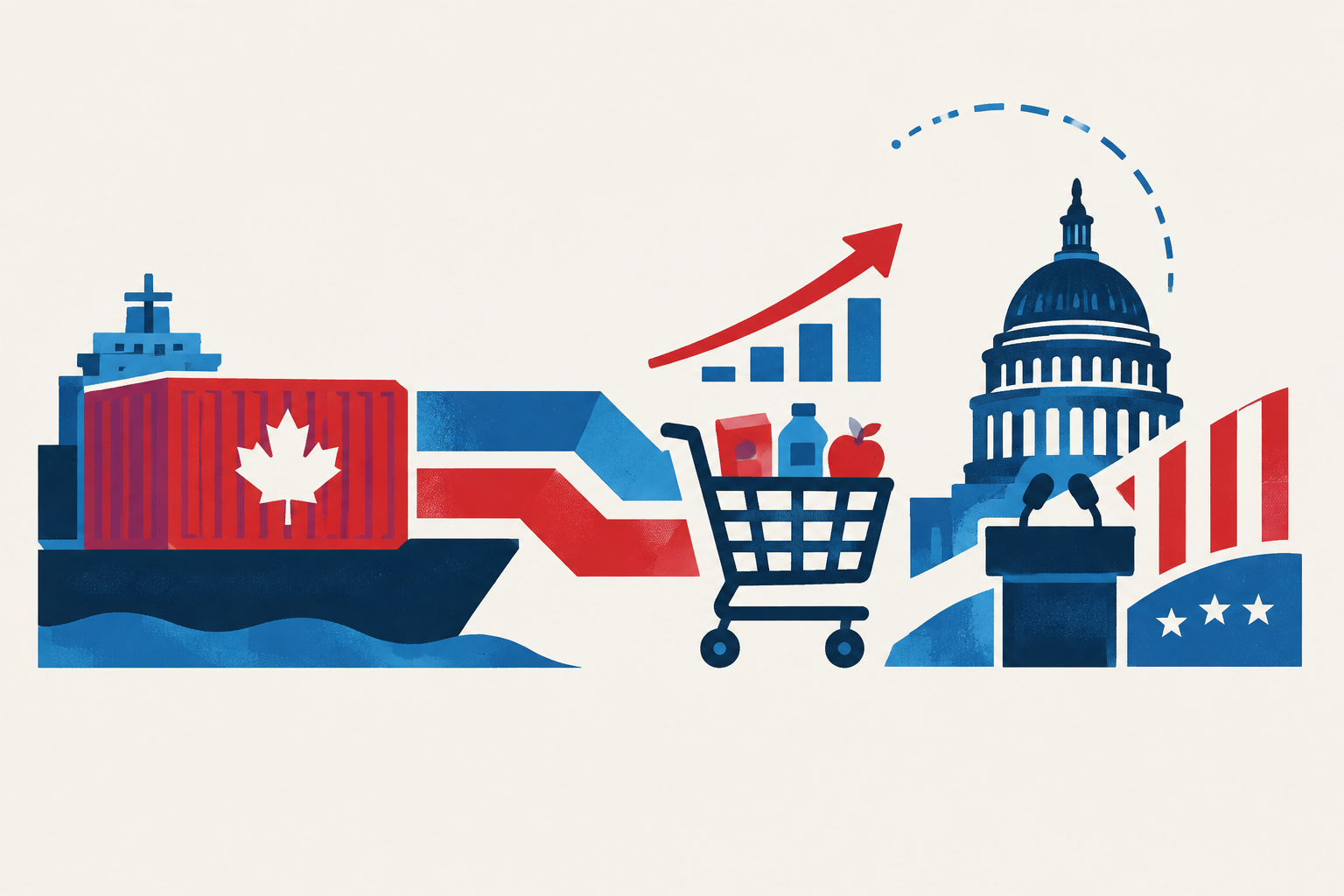 Editorial illustration representing: Canada Trade Dispute Adds Affordability Pressure to U.S. Senate Campaigns