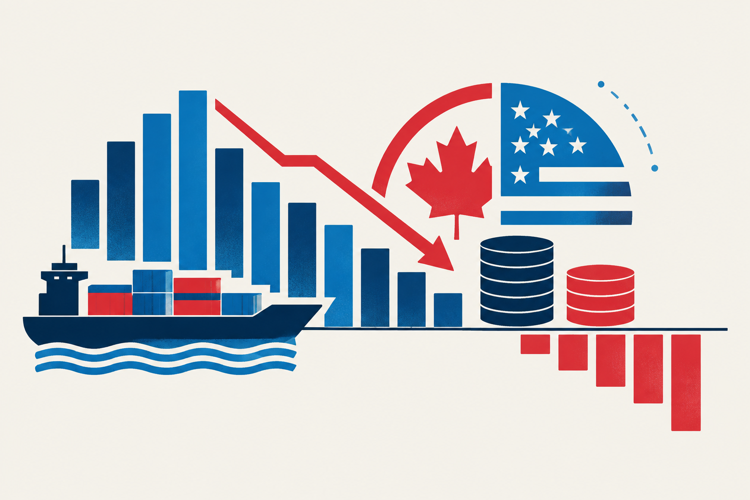 Editorial illustration representing: Canada’s Q2 trade-tax receipts fall from 2025 counter-tariff peak