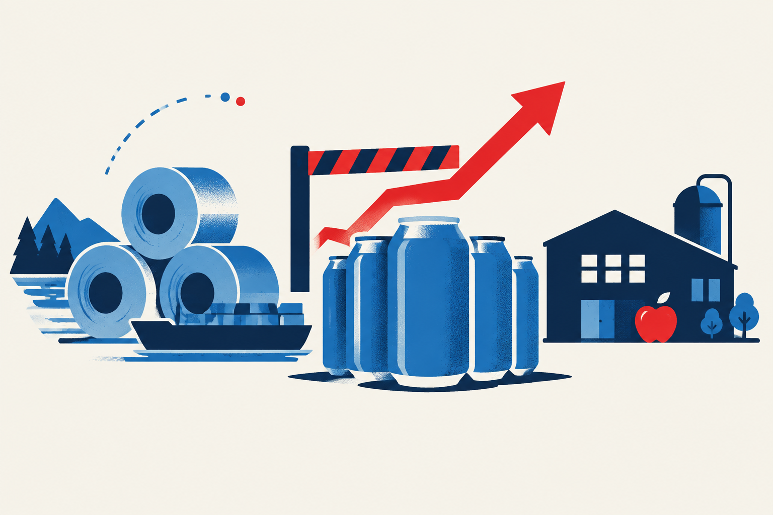 Editorial illustration representing: Canadian aluminum tariffs raise Nine Pin Ciderworks’ canning costs by 30%