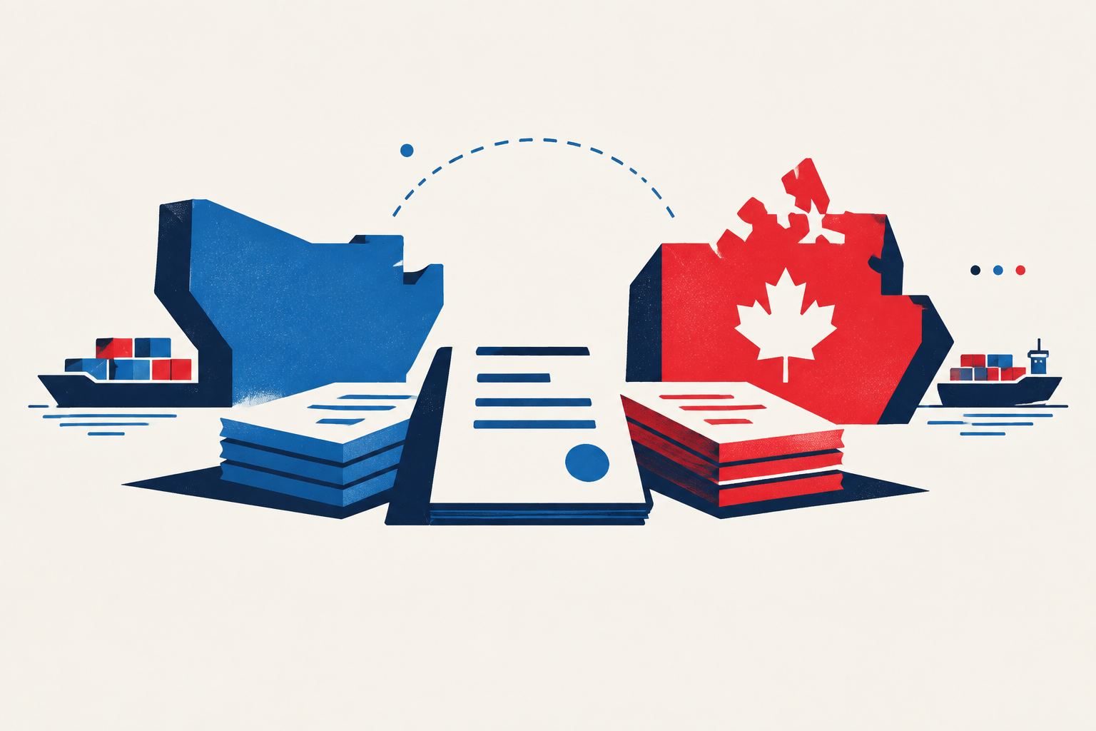Editorial illustration representing: Experts say other U.S. trade deals offer limited guidance for Canada