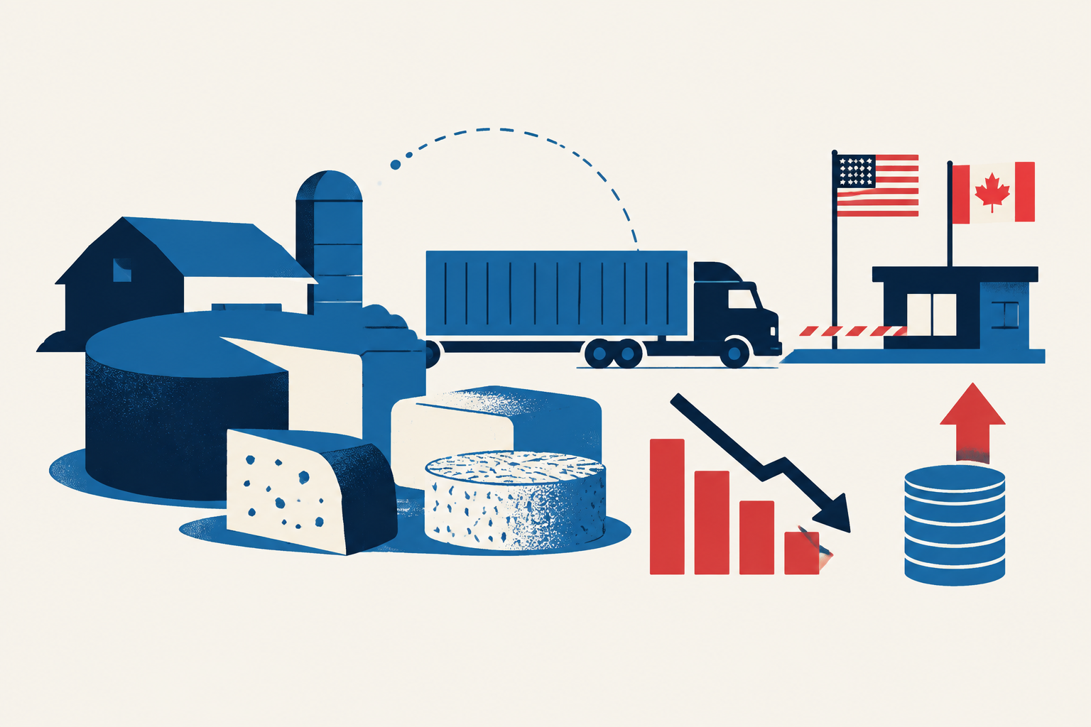 Editorial illustration representing: Vermont Cheesemaker Reports Nearly $1M Canadian Sales Loss as Tariff Costs Persist
