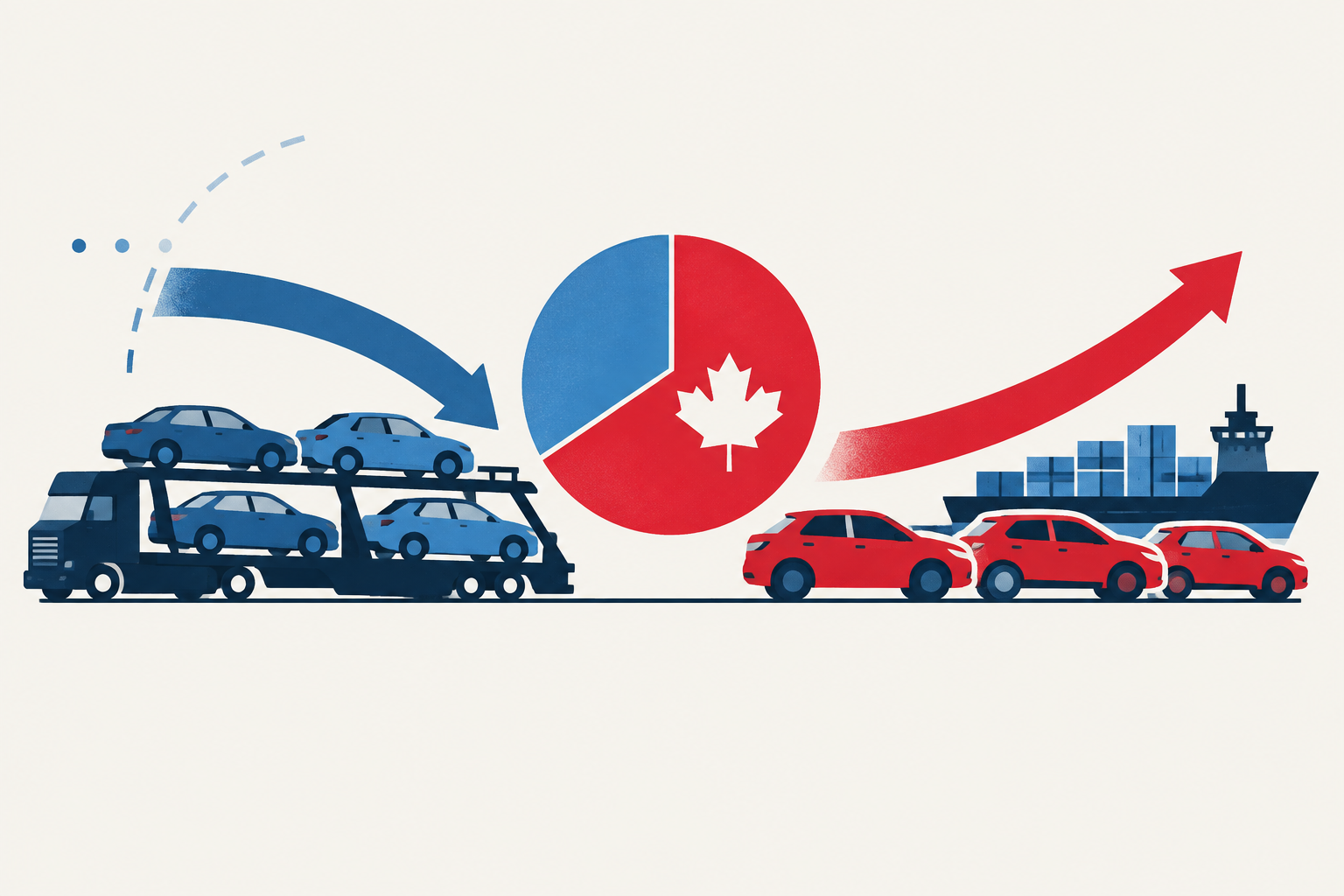 Editorial illustration representing: U.S.-Built Vehicles Lose Share of Canadian New-Car Market in First Half of 2026