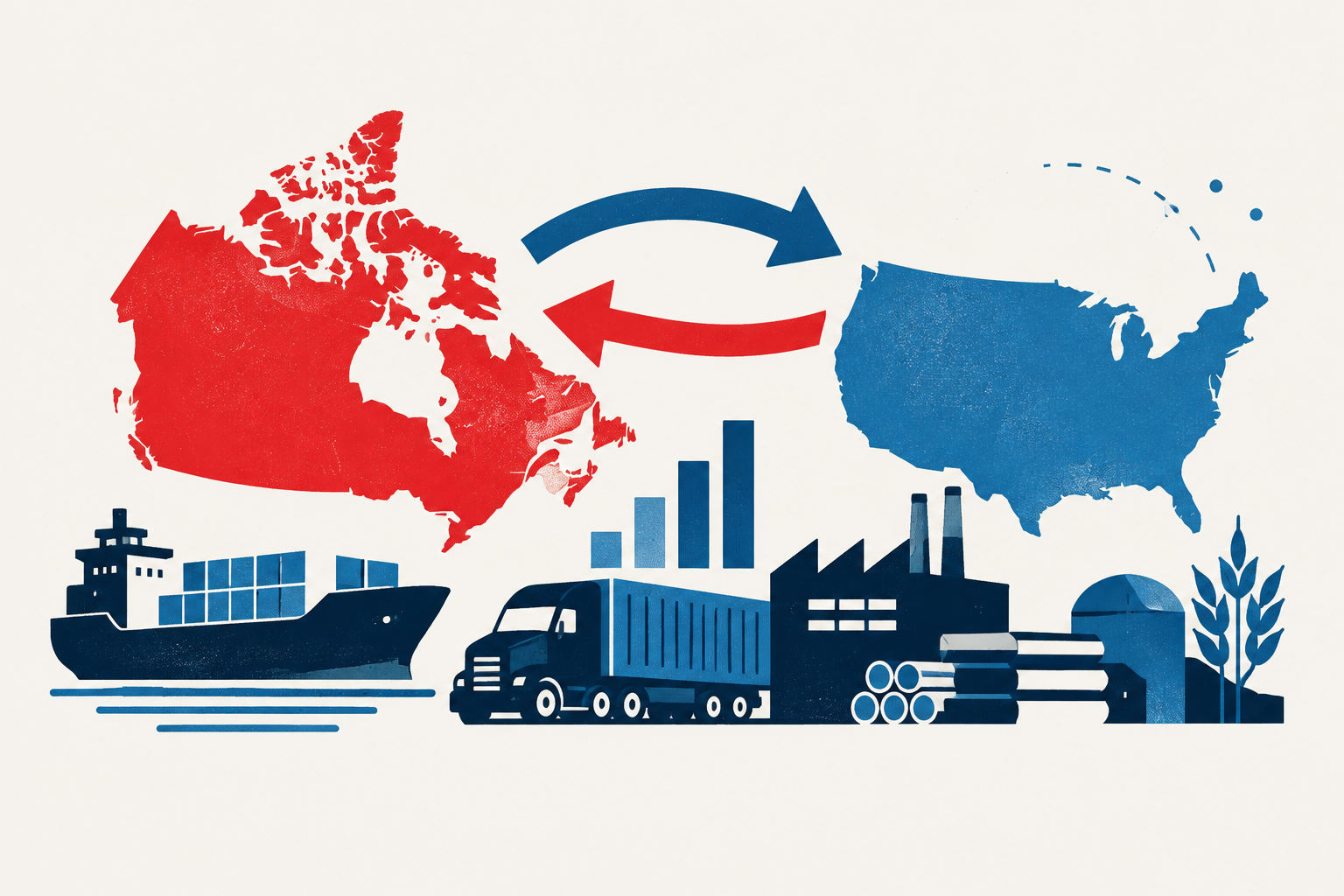 Editorial illustration representing: Analysis maps $188B Canada trade exposure across competitive U.S. Senate states