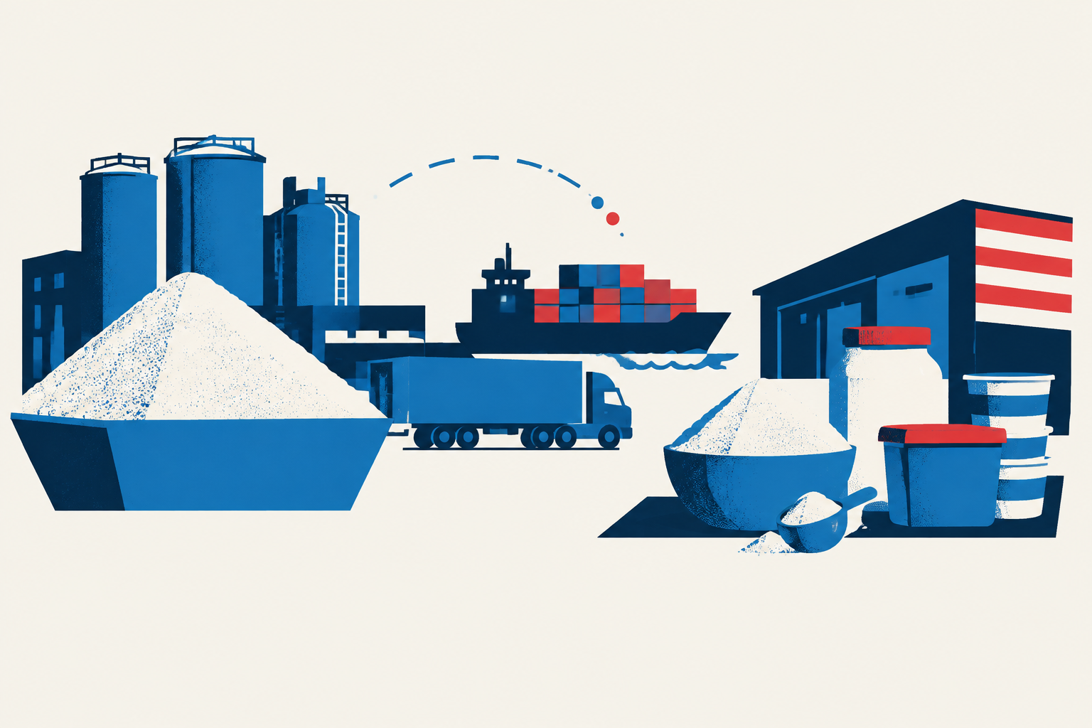 Editorial illustration representing: Canadian Protein Makers Stockpile U.S. Whey as Tariffs Disrupt Supply Chains