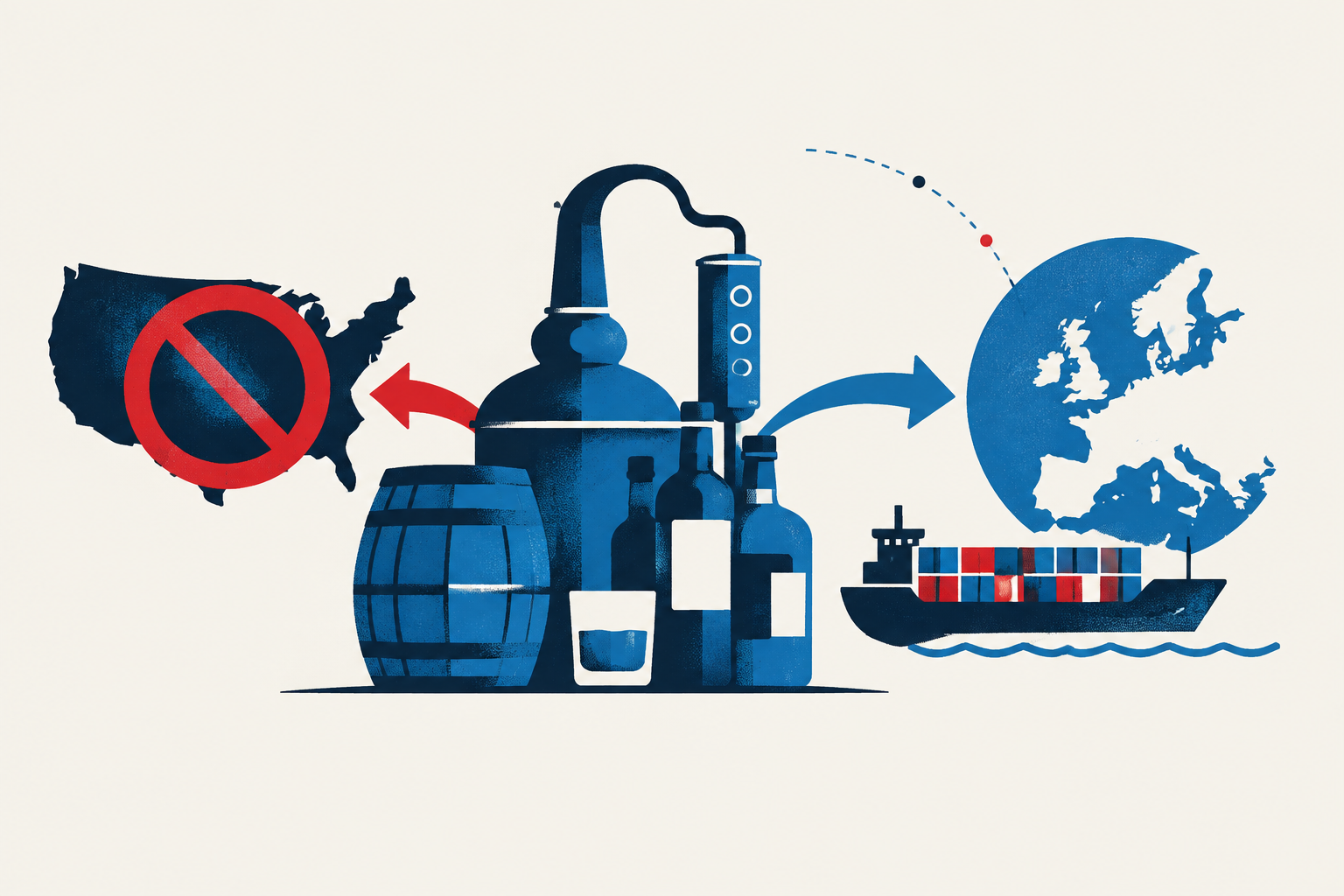 Editorial illustration representing: Ottawa distillery shifts European as U.S. import ban nears