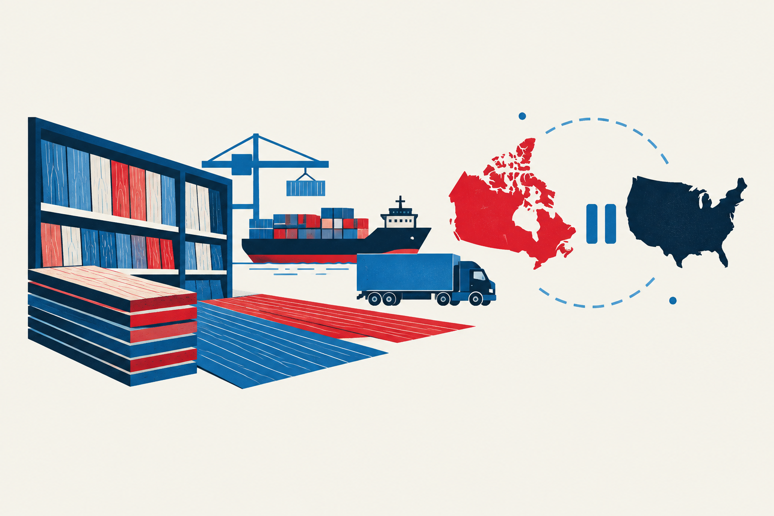 Editorial illustration representing: Ottawa flooring retailer flags higher U.S. supply costs as Canada-U.S. talks remain paused