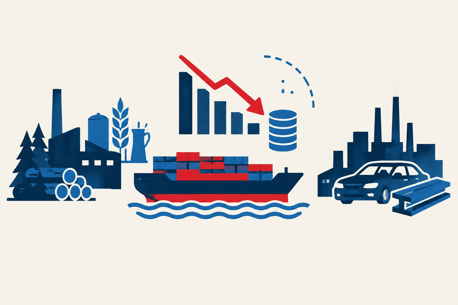 Editorial illustration representing: Quebec barometer puts tariff-linked output risk at up to $6.6 billion