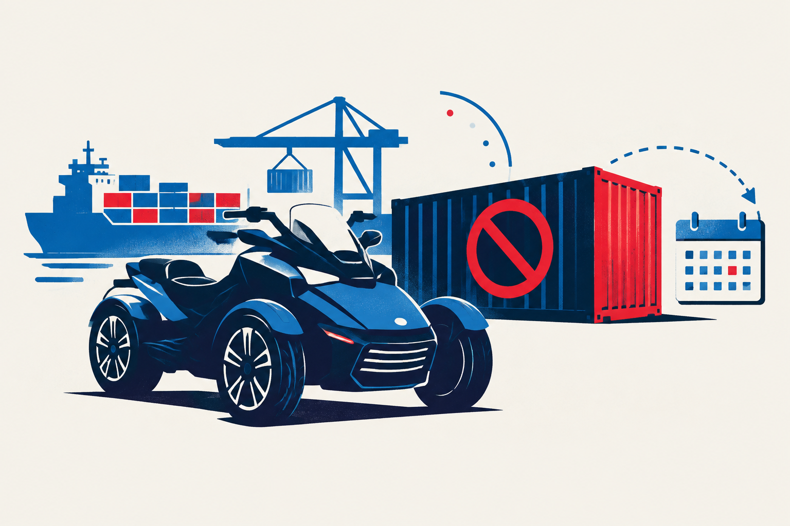 Editorial illustration representing: BRP says Can-Am motorcycles are excluded from new U.S. import ban, with effects likely delayed
