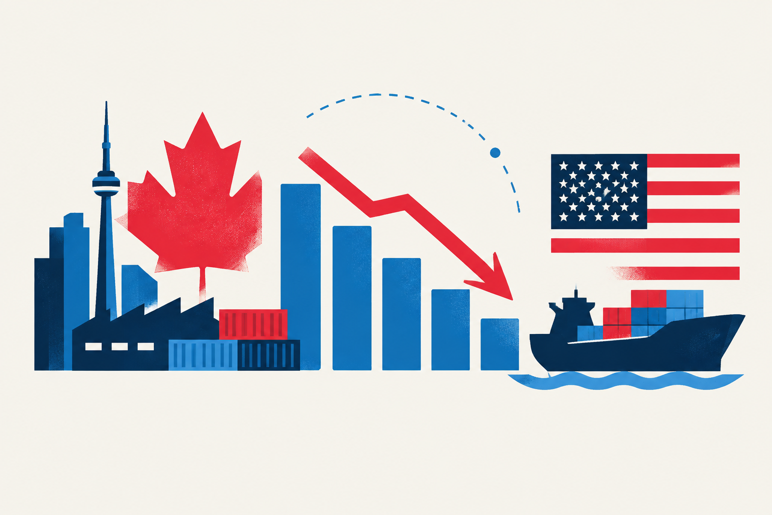 Editorial illustration representing: Deloitte cuts 2027 Canada growth forecast as trade uncertainty deepens