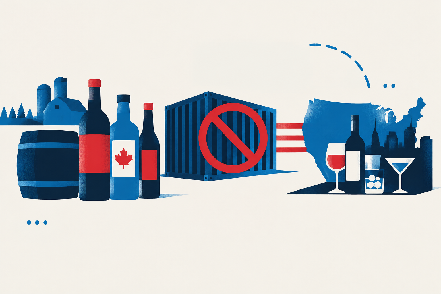 Editorial illustration representing: U.S. alcohol import ban cuts off Canadian producers as trade dispute escalates
