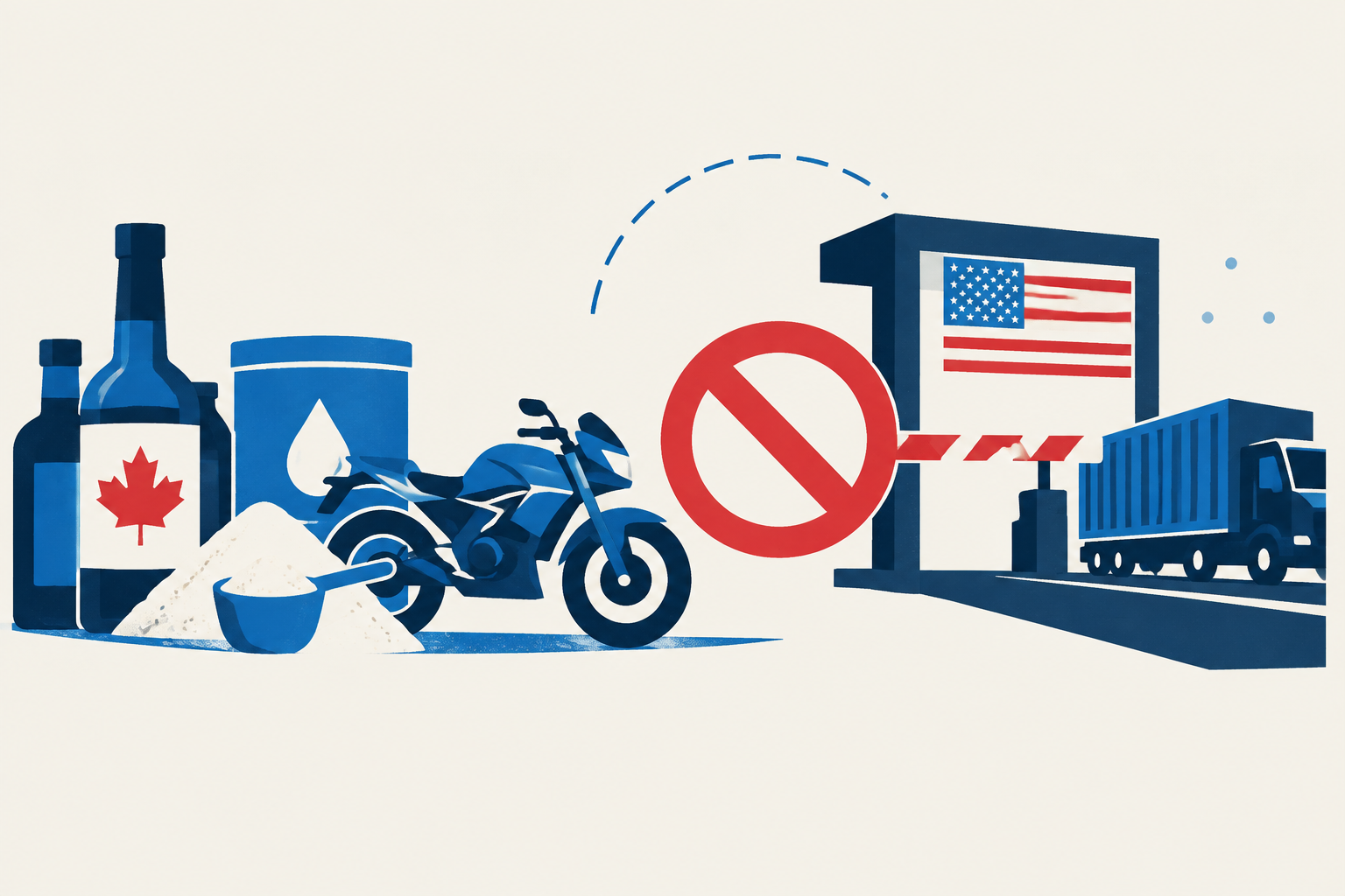 Editorial illustration representing: U.S. import bans on Canadian liquor, whey and motorcycles take effect