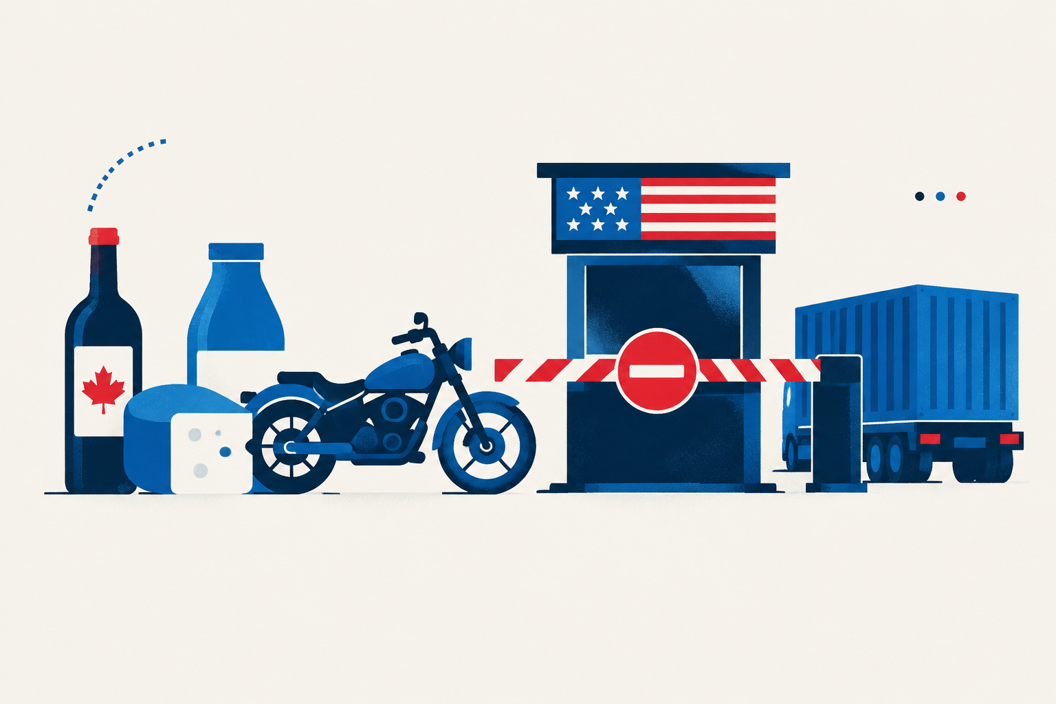 Editorial illustration representing: U.S. import exclusions for selected Canadian goods take effect, replacing 50% duties