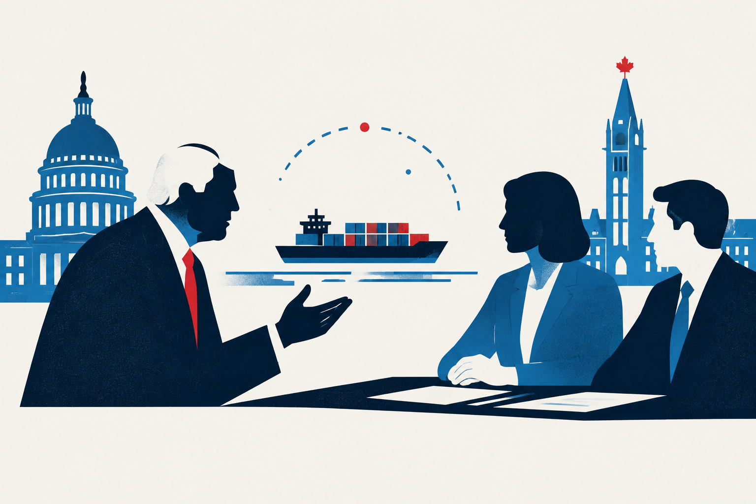 Editorial illustration representing: Navarro Warns Canadian Lobbyists as Ottawa Reaffirms Trade Negotiating Stance