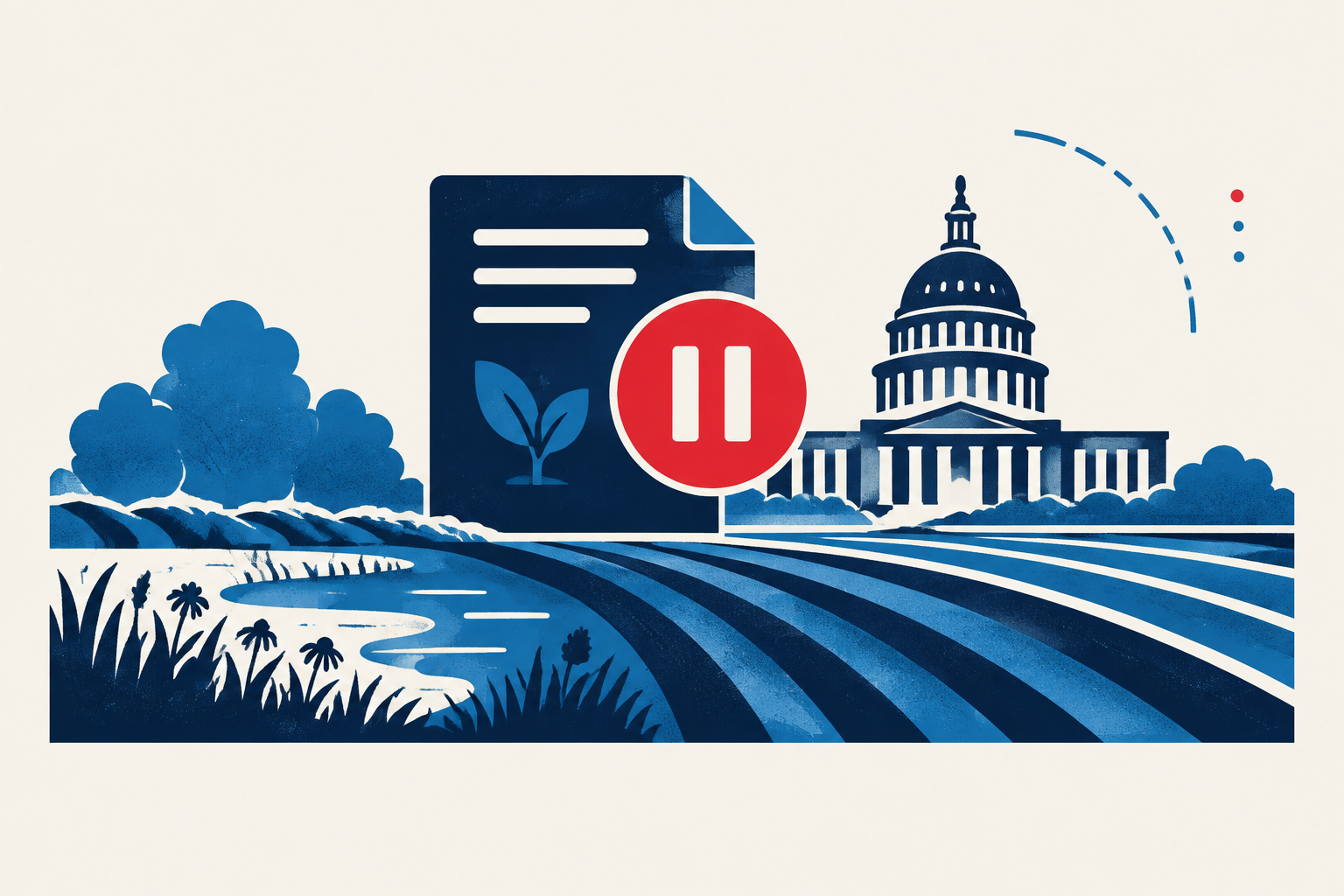 Editorial illustration representing: U.S. CRP Enrollment Paused After Farm Bill Authority Lapses