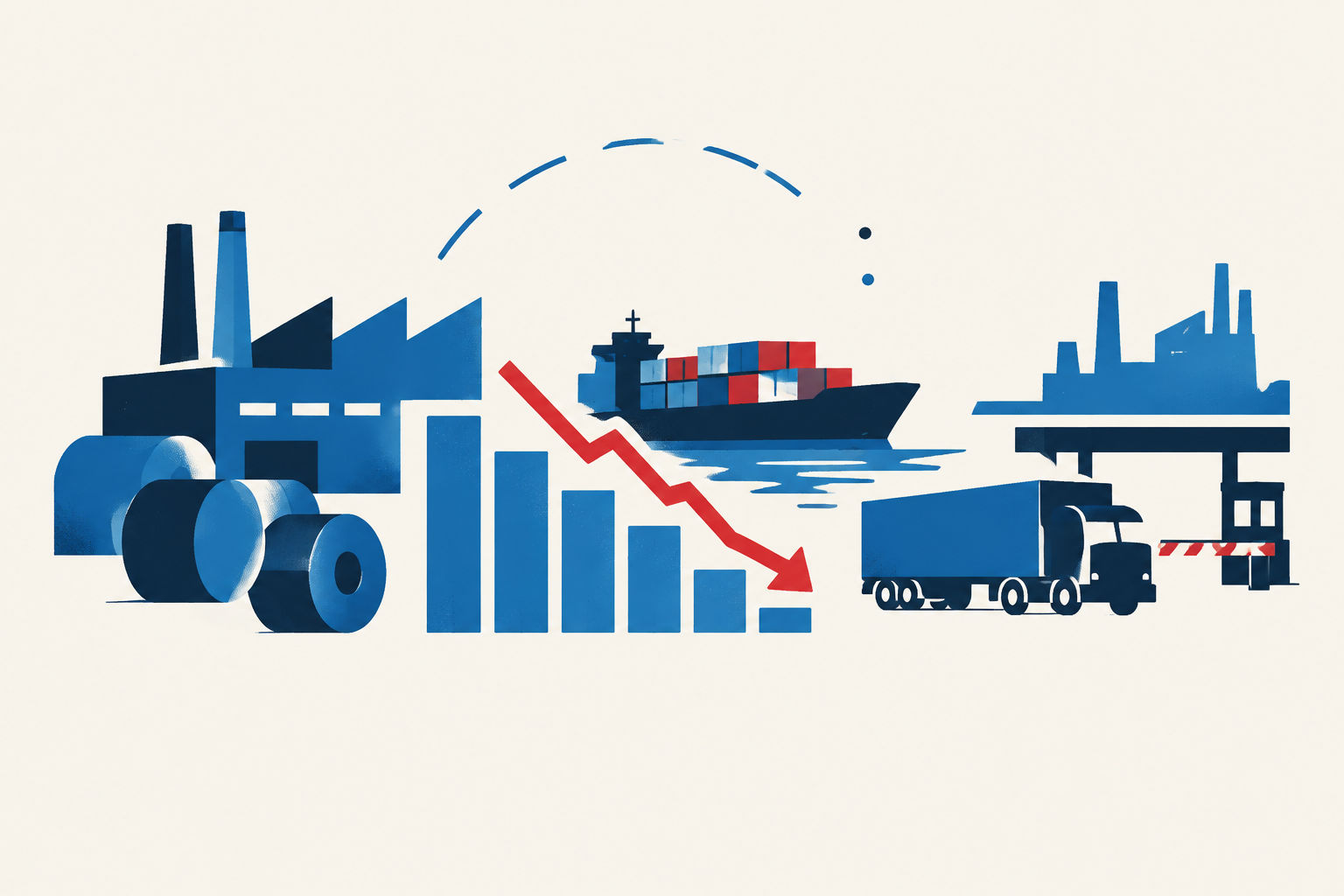 Editorial illustration representing: Canada's manufacturing PMI slows to a six-month low as trade friction weighs