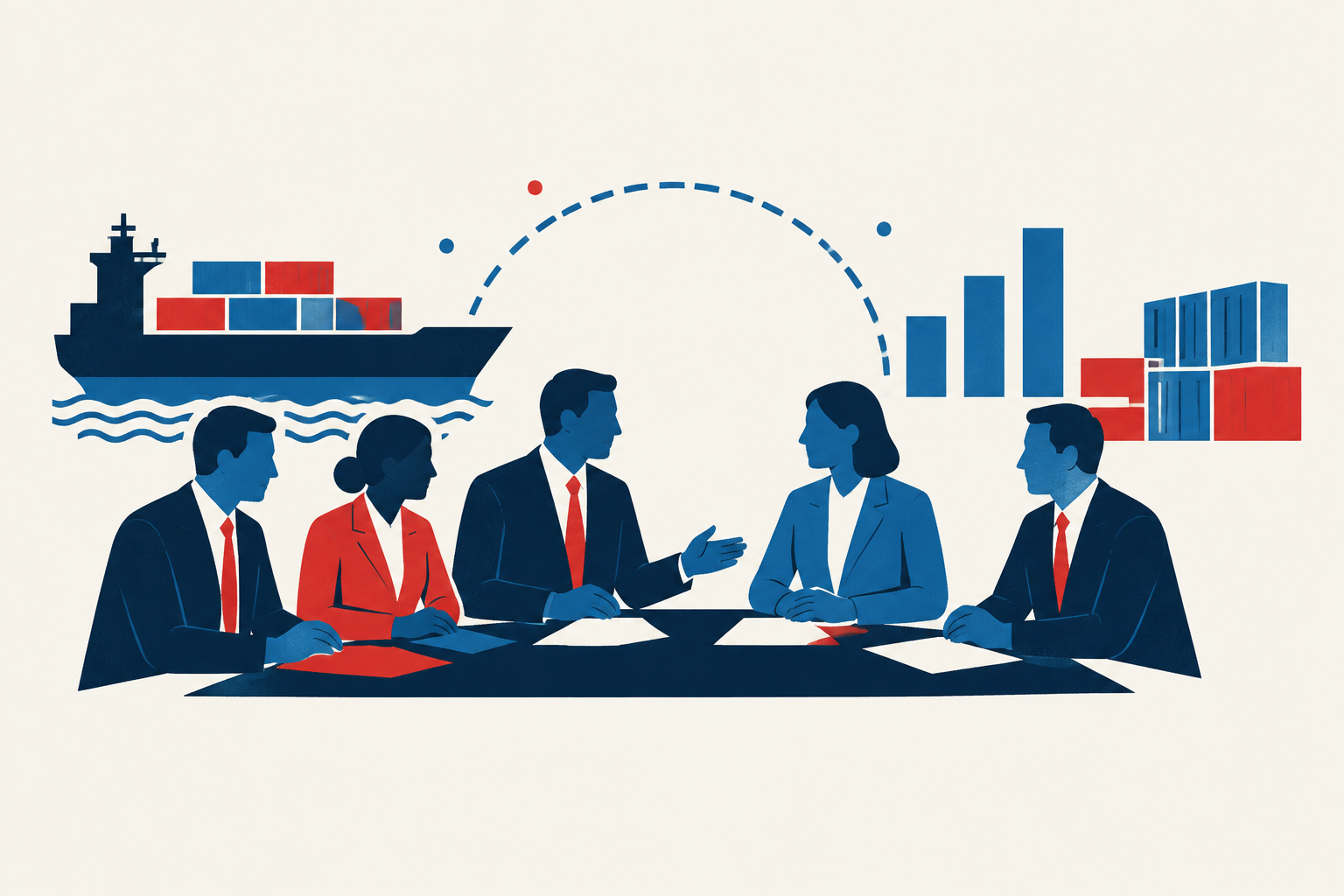 Editorial illustration representing: Federal and provincial finance ministers coordinate on U.S. trade response
