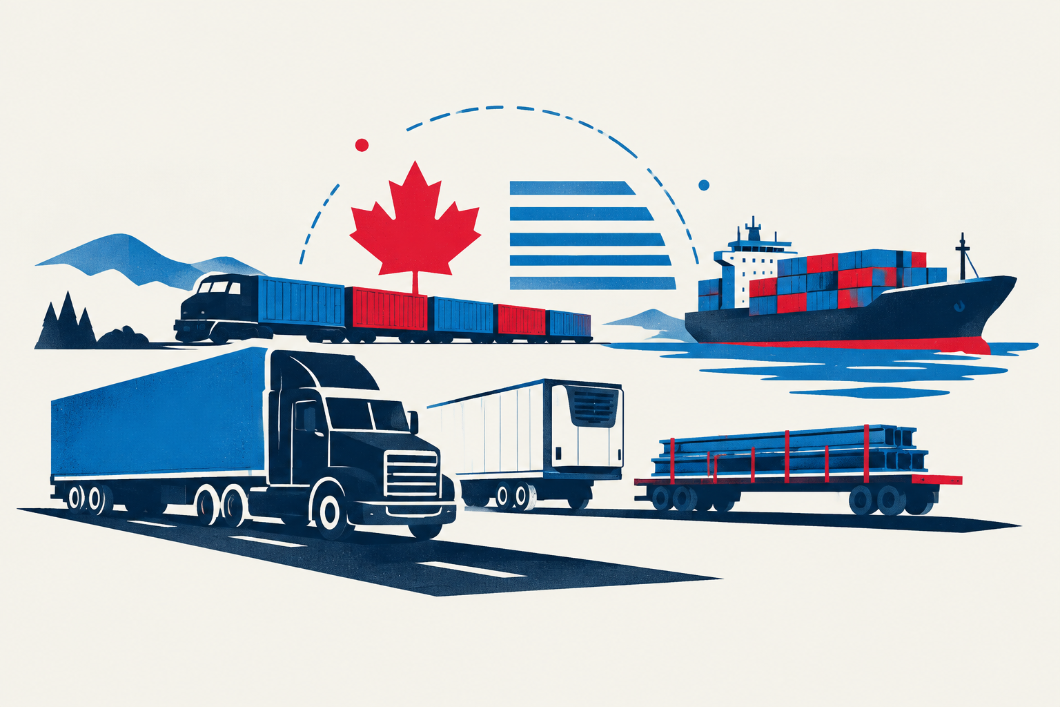Editorial illustration representing: Freight conditions diverge across modes as Canada-U.S. cross-border uncertainty grows