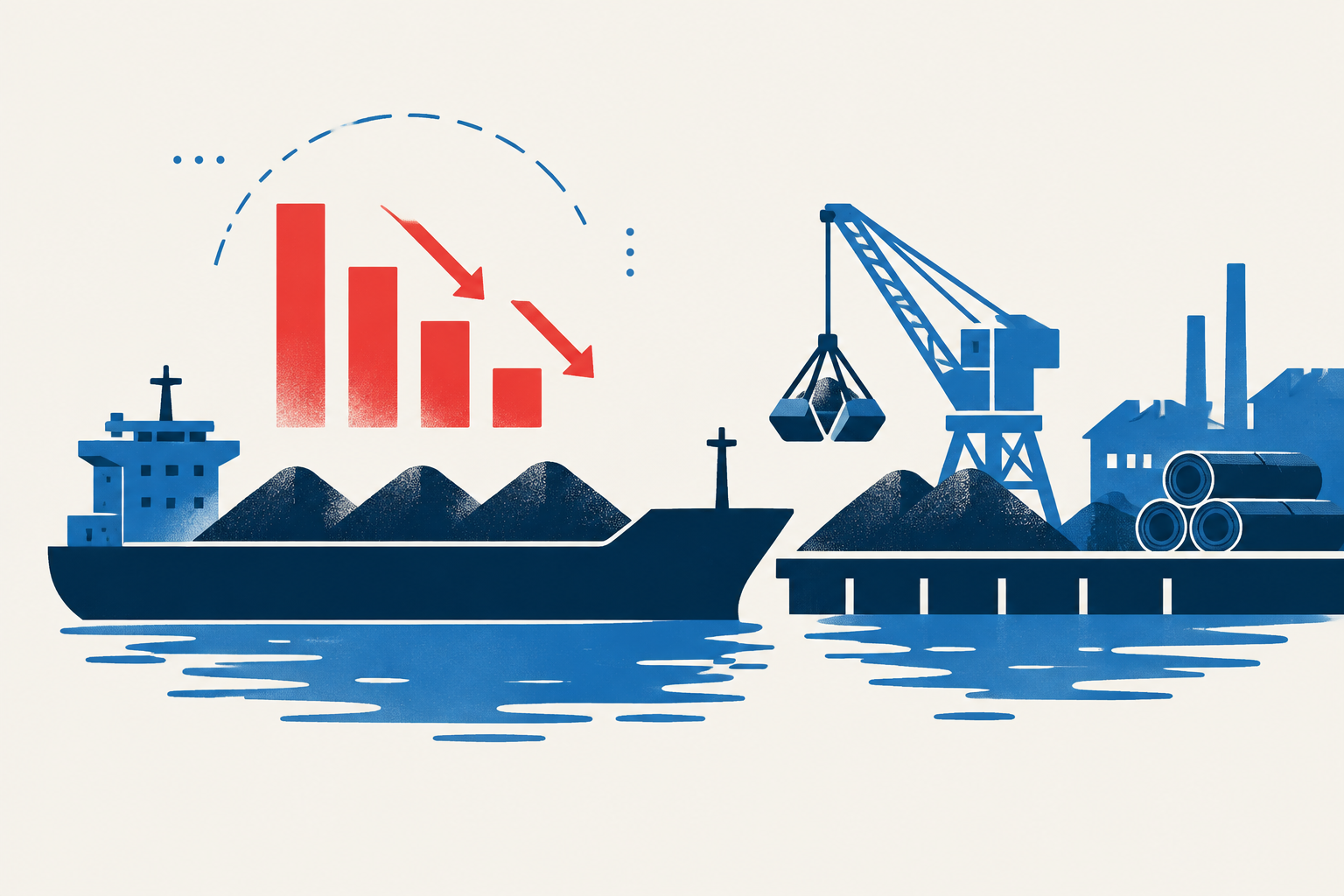 Editorial illustration representing: Great Lakes port data show tariff-linked declines in iron ore and steel traffic