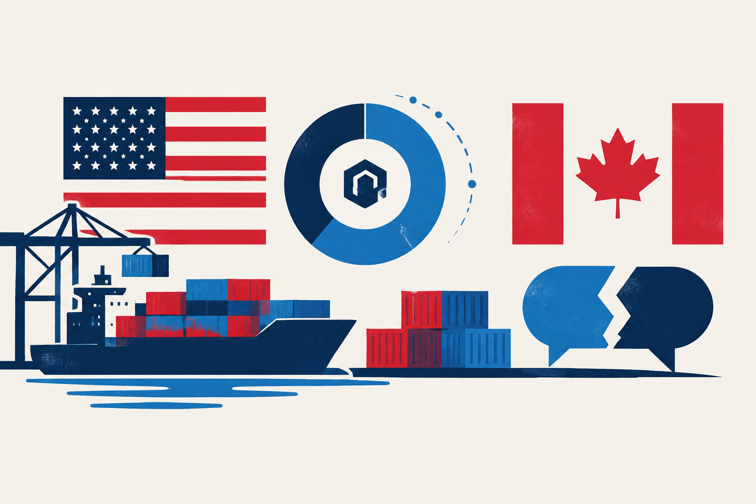 Editorial illustration representing: Greer says U.S. trade deals now cover over 40% of goods trade as Canada talks remain unresolved