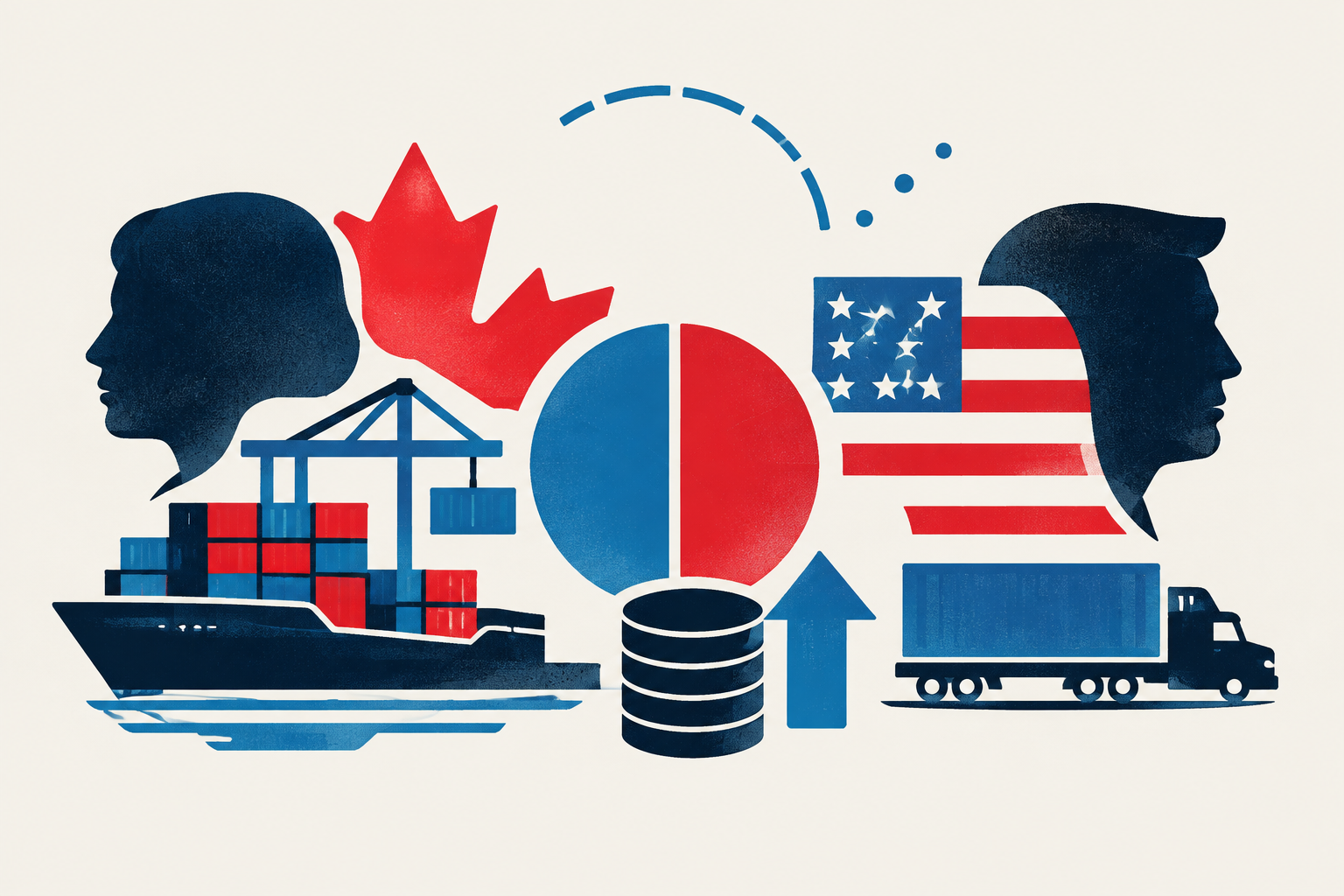 Editorial illustration representing: Manitoba poll finds divided appetite for renewed Canada-U.S. trade talks