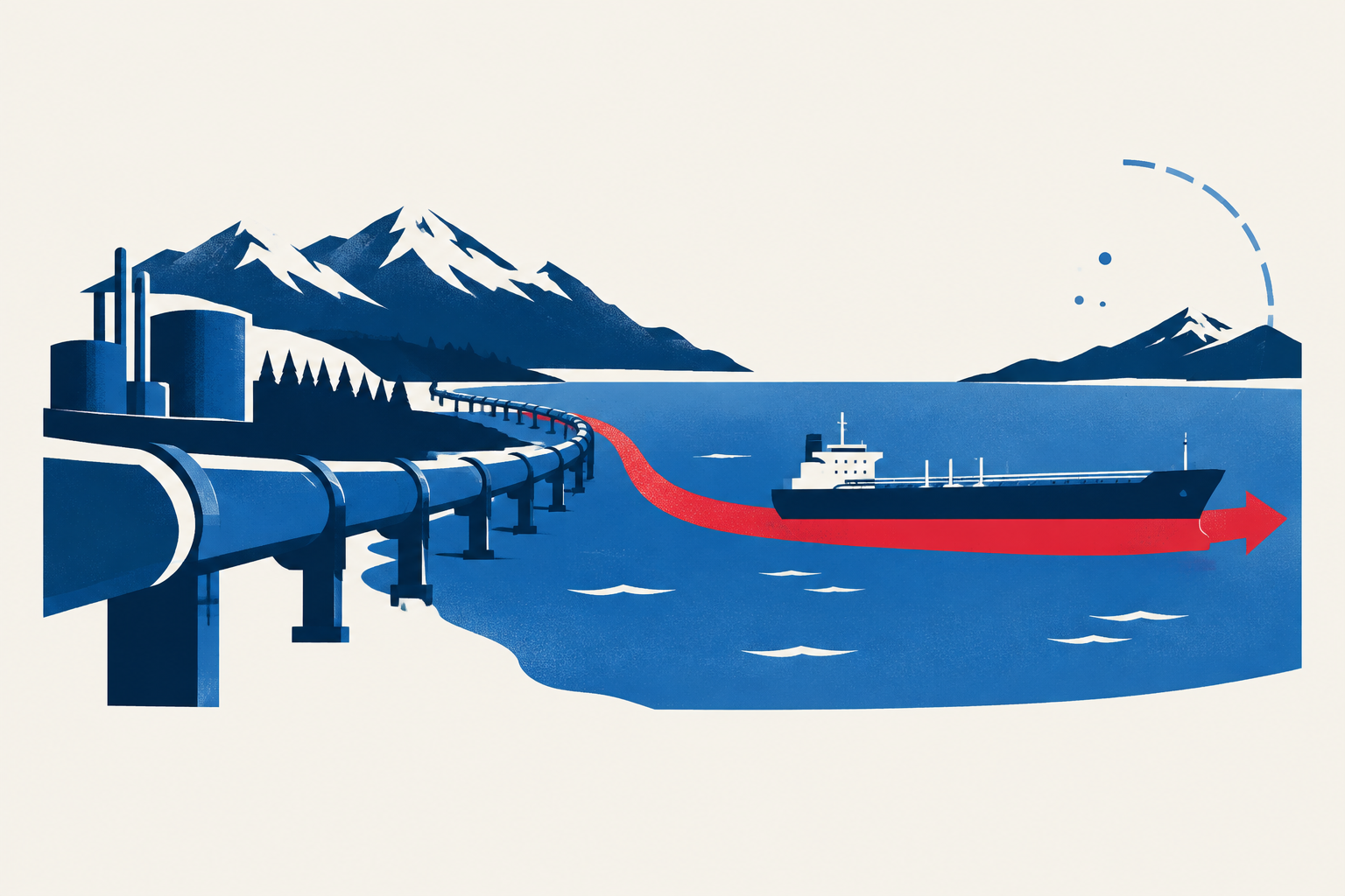 Editorial illustration representing: Ottawa fast-tracks Pacific Link to expand oil exports beyond the U.S.