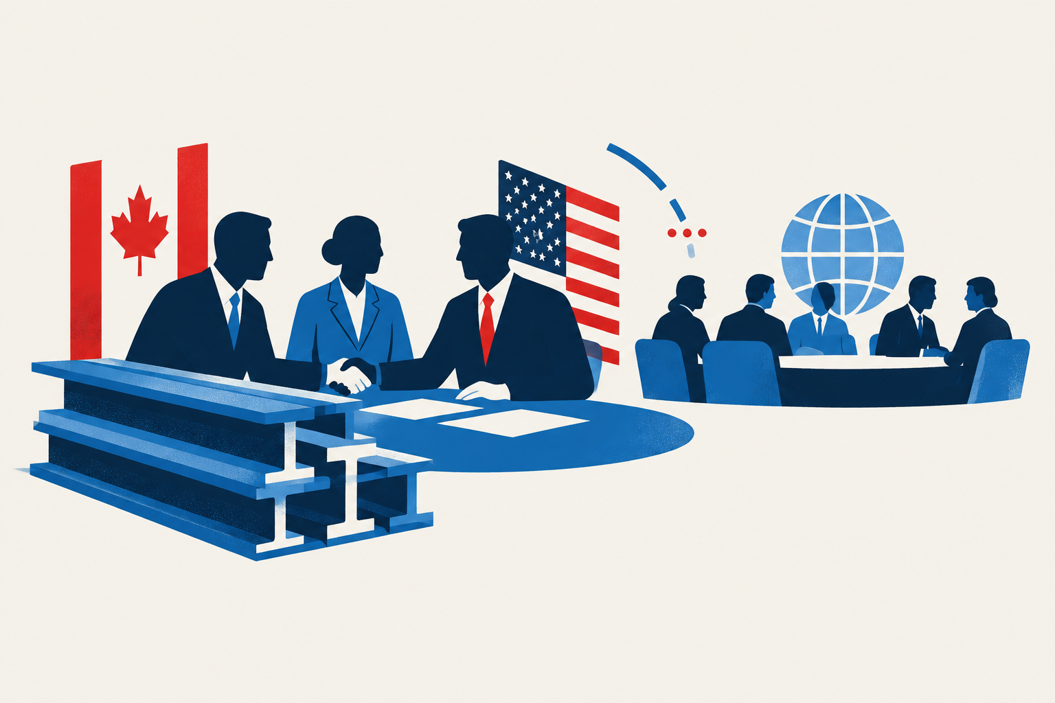Editorial illustration representing: Steel forum adopts Milwaukee action framework as wider G20 talks stall