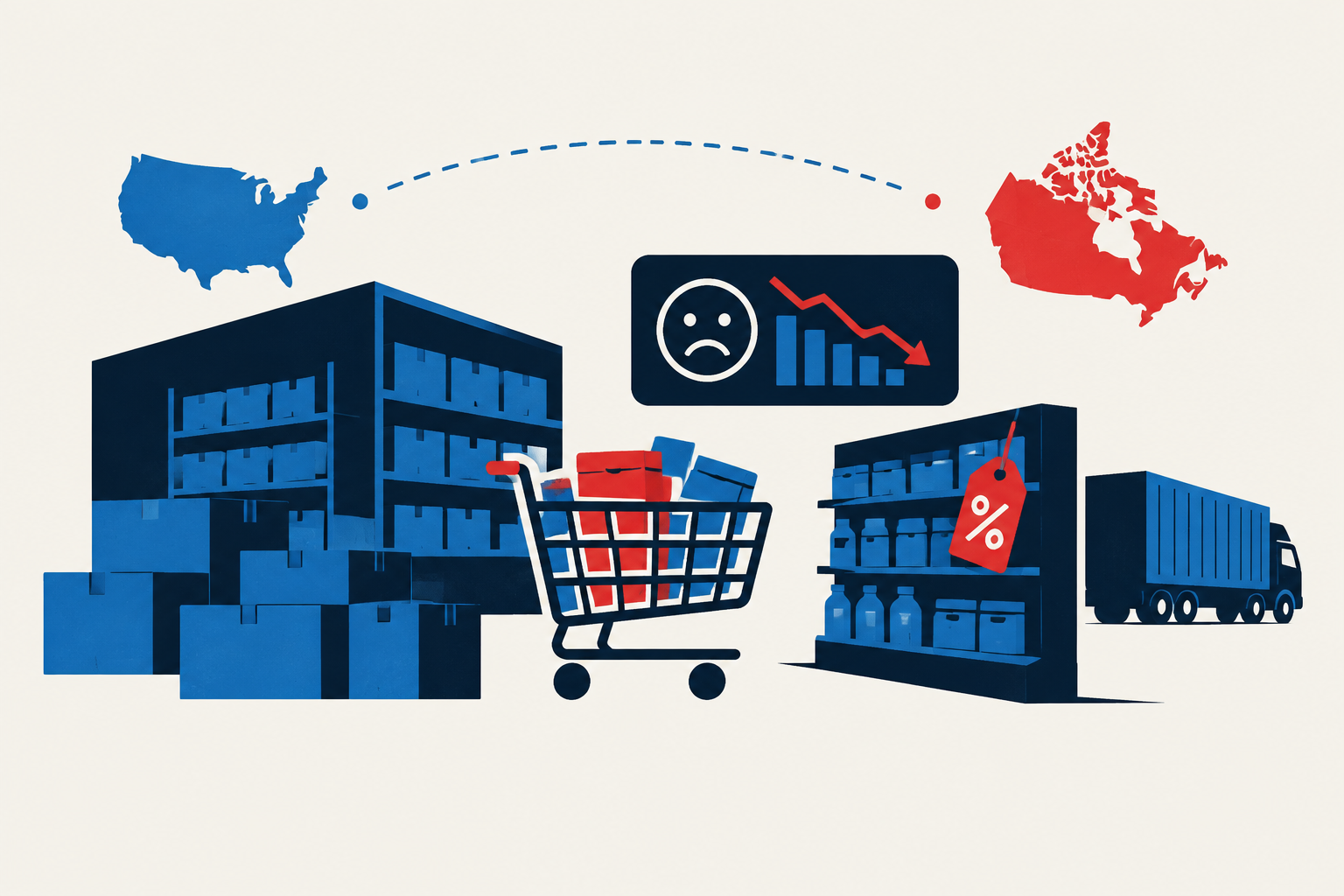 Editorial illustration representing: U.S. Inventory Build Meets Weaker Consumer Confidence, Raising Retail Margin Risks