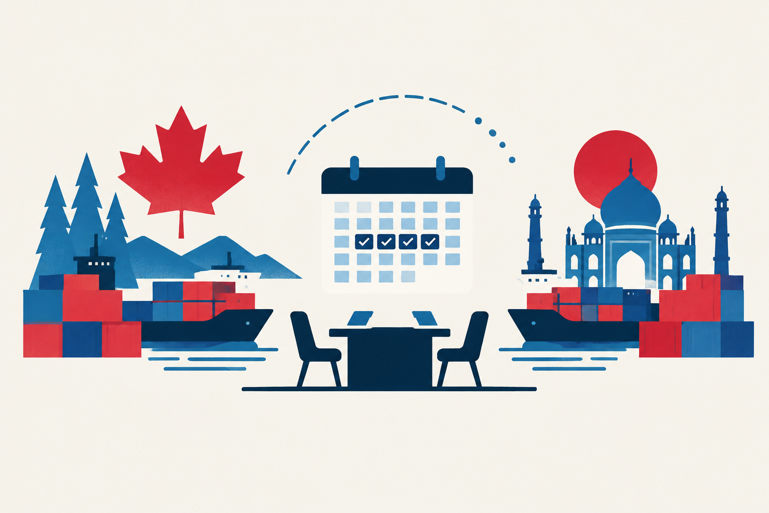 Editorial illustration representing: Canada sets October 5–9 negotiating round for India trade pact