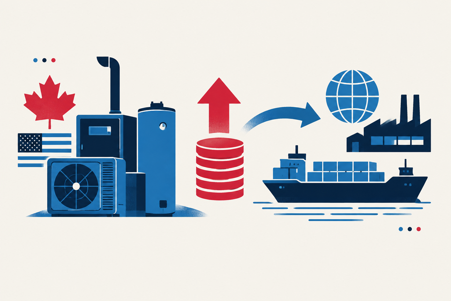 Editorial illustration representing: Heating-equipment industry reports tariff costs and shifts toward offshore suppliers