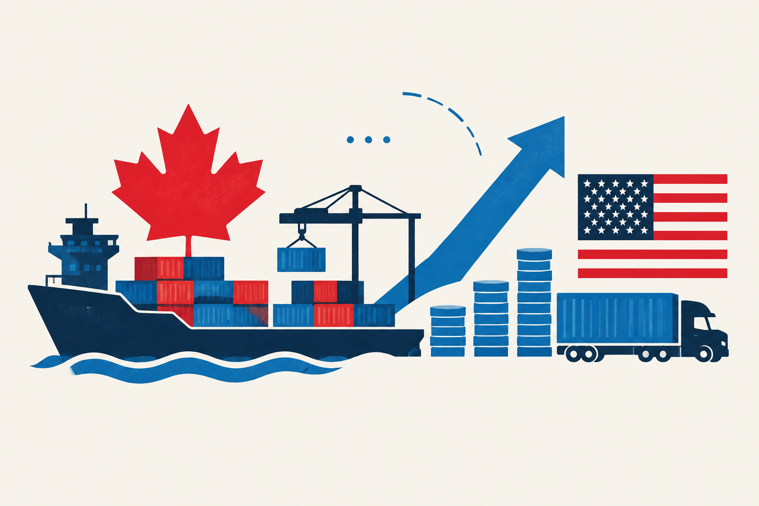 Editorial illustration representing: Canada’s August Trade Surplus Reaches C$4.2 Billion as U.S.-Bound Exports Rebound