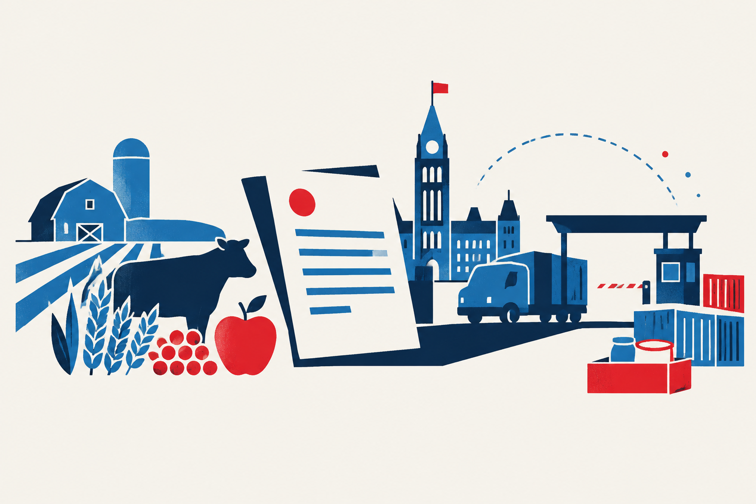 Editorial illustration representing: Canada outlines proposed red-tape bill affecting farm programs, border trials and food trade