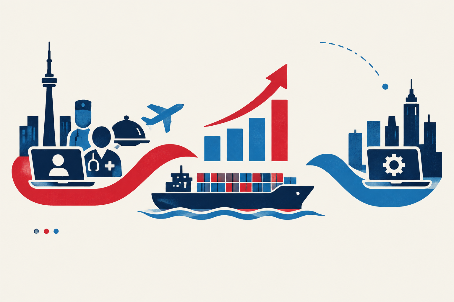 Editorial illustration representing: Canada’s Services Trade Surplus Widens to $0.4 Billion in August