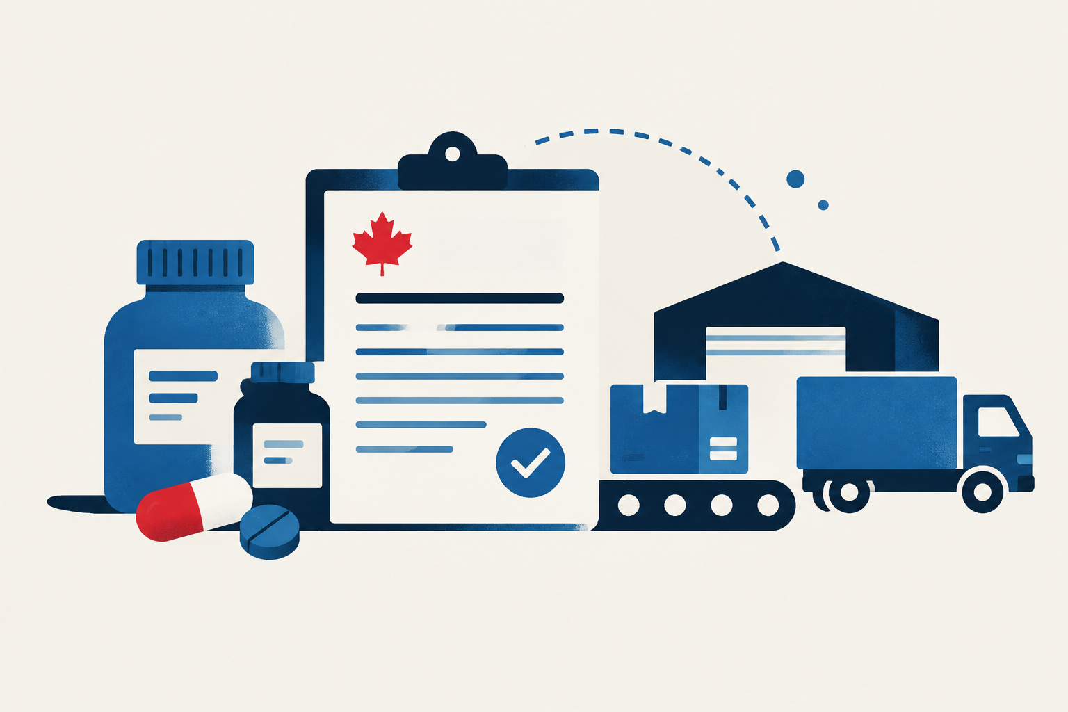Editorial illustration representing: Health Canada Updates Guidance on Distribution of Canadian-Market Drugs Outside Canada