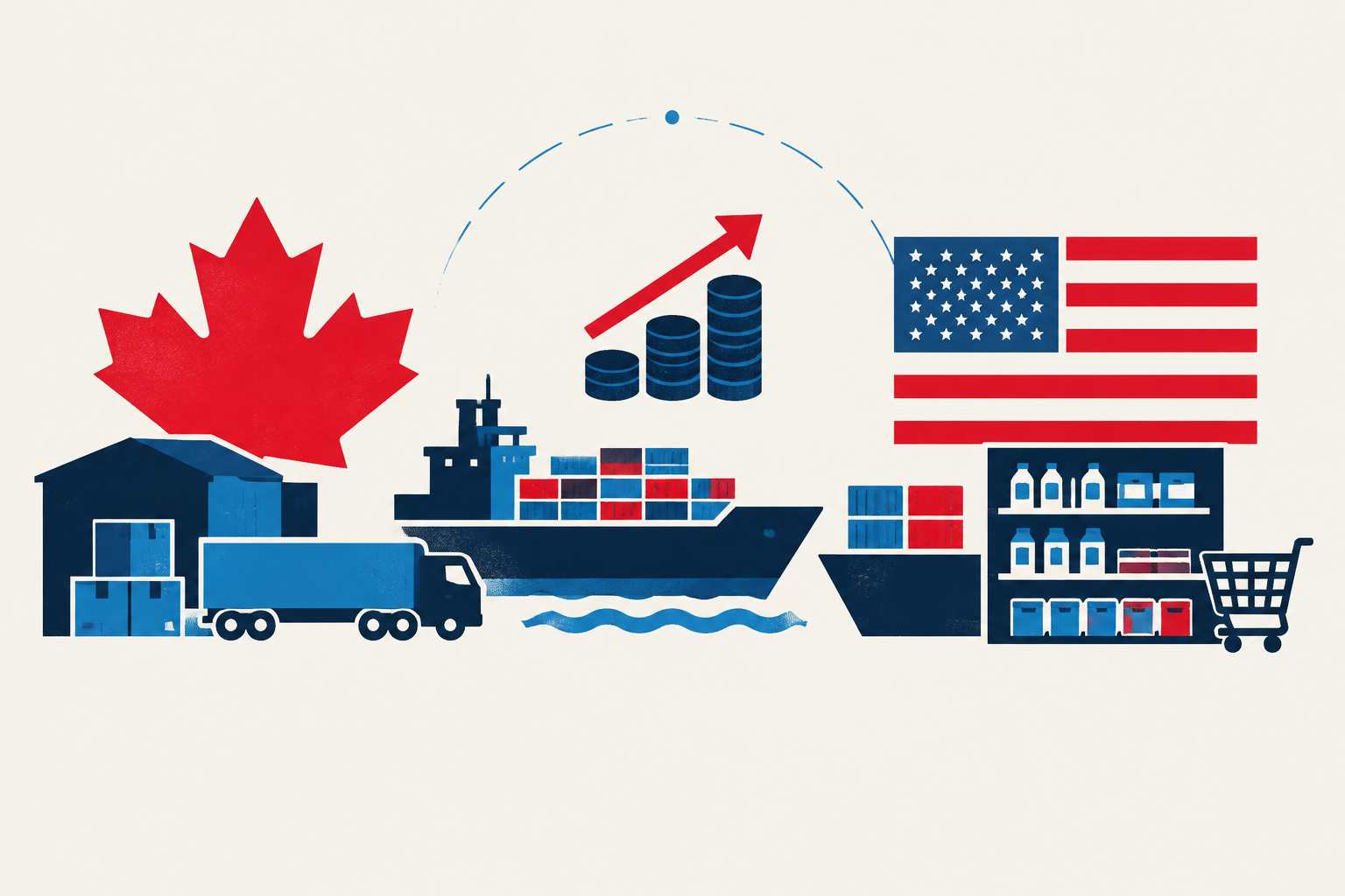 Editorial illustration representing: Latest Canada-U.S. escalation seen pushing up prices and narrowing consumer choice