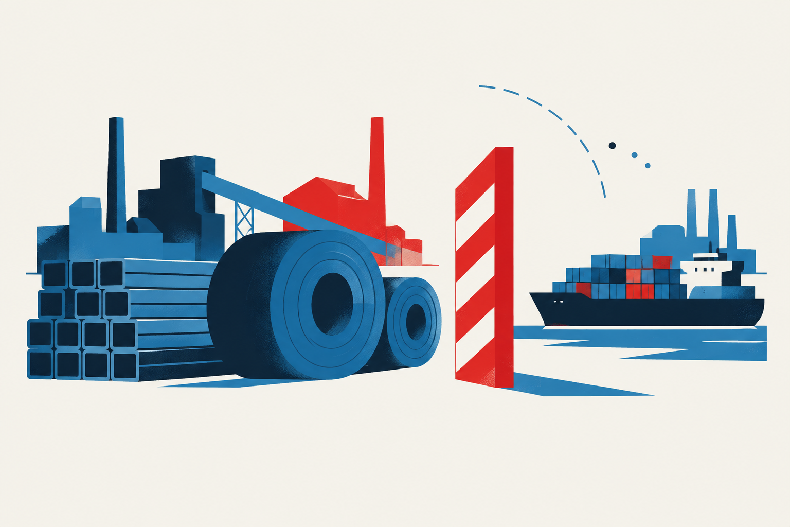 Editorial illustration representing: Canadian steel group sees U.S. tariffs persisting as Stelco layoffs deepen sector pressure