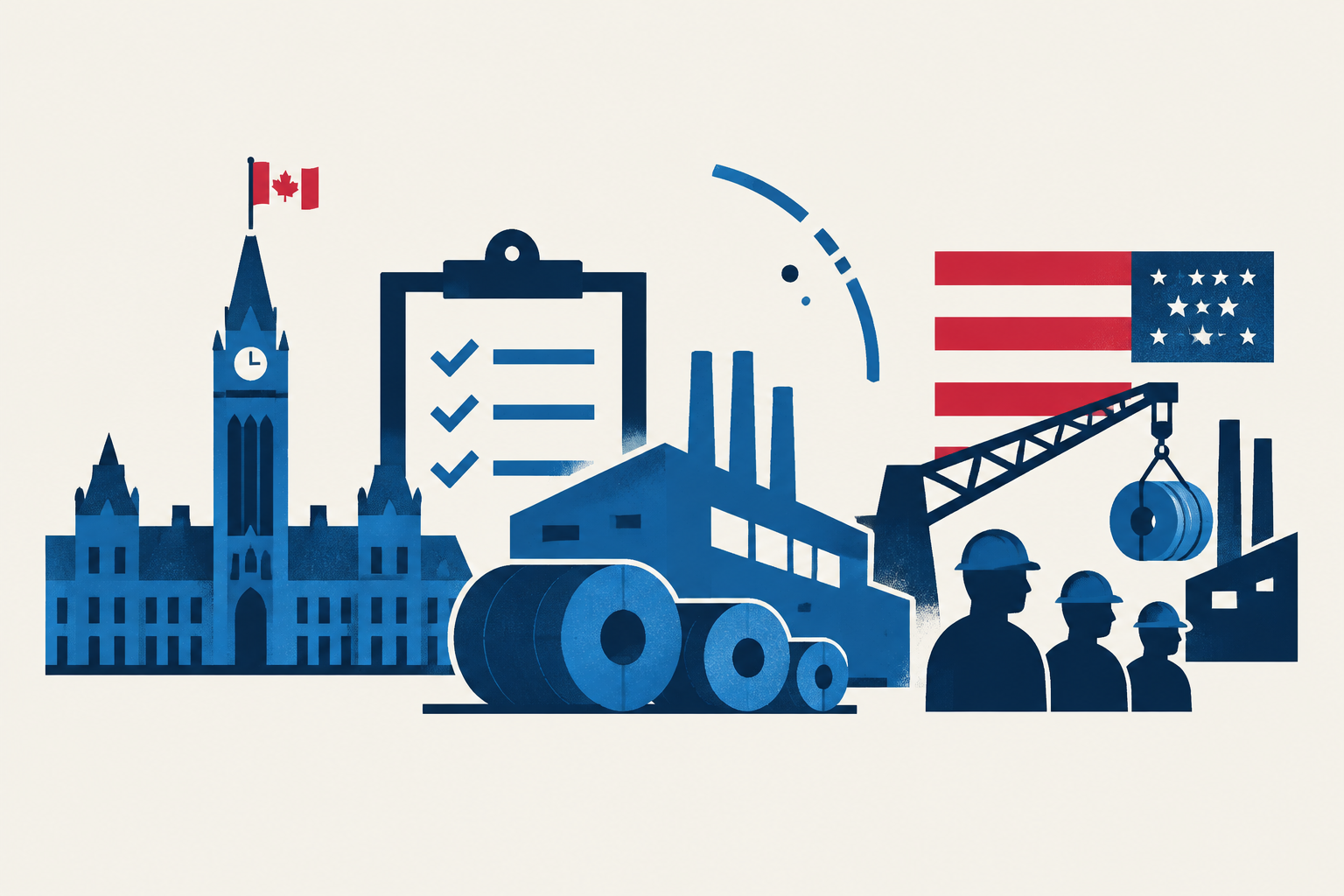Editorial illustration representing: Ottawa demands Stelco compliance plan, warns Cleveland-Cliffs of enforcement