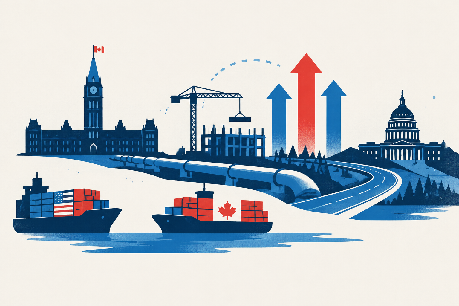 Editorial illustration representing: Tariff conflict strengthens political case for faster Canadian project approvals
