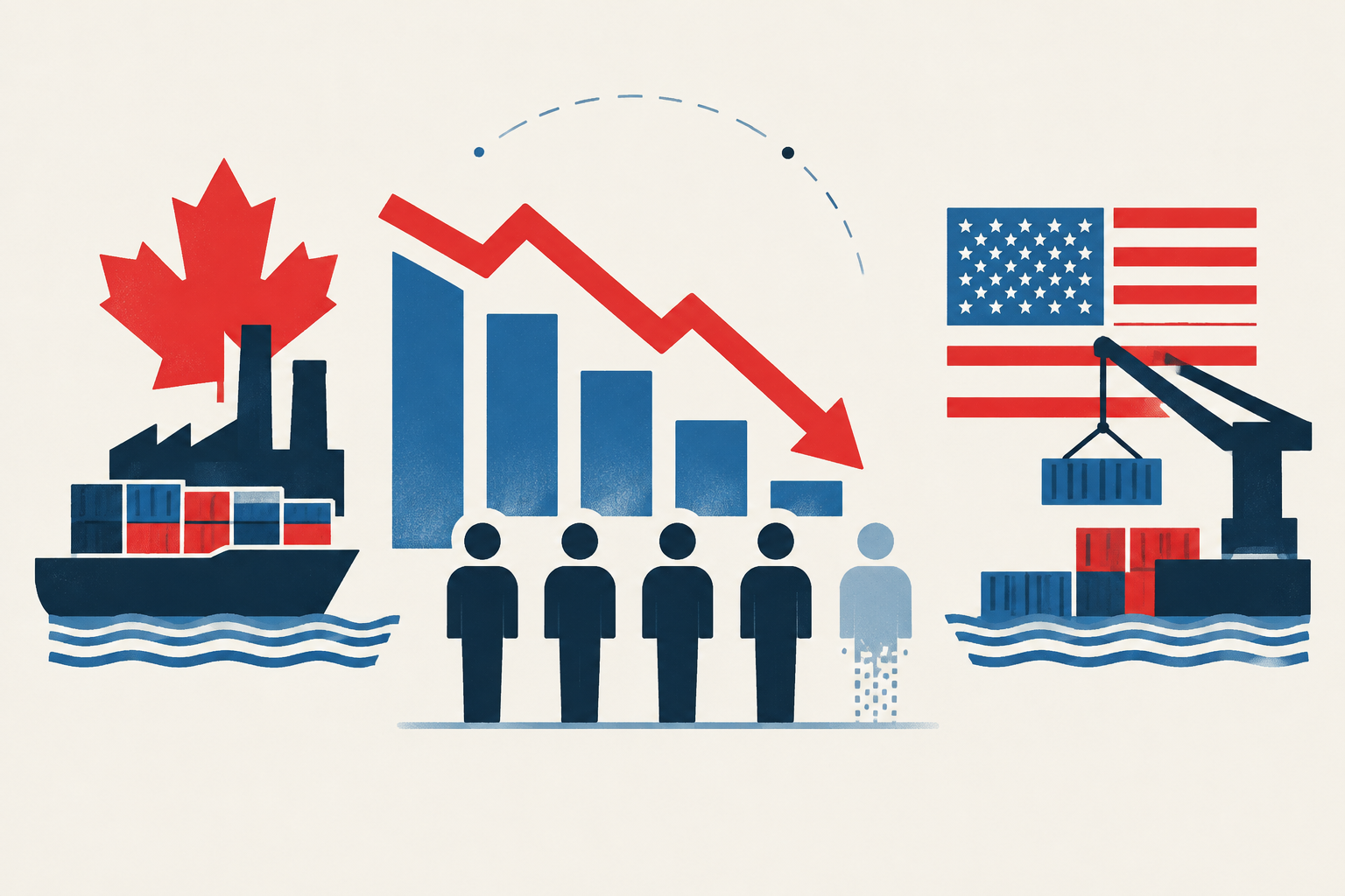Editorial illustration representing: Canada’s September job losses deepen labour-market caution amid tariff uncertainty