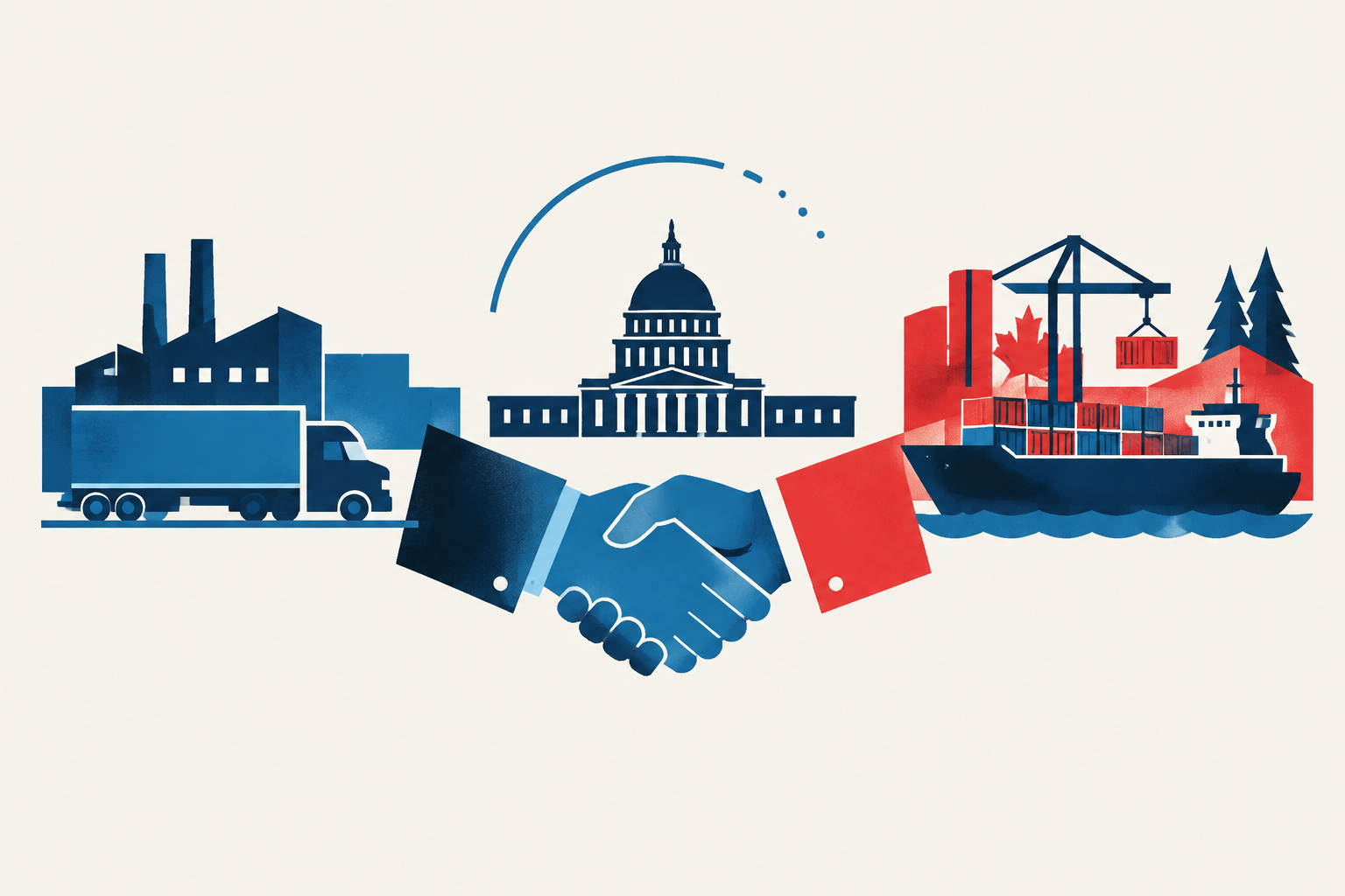 Editorial illustration representing: Michigan Senate candidate urges Canada-U.S. tariff deal in debate