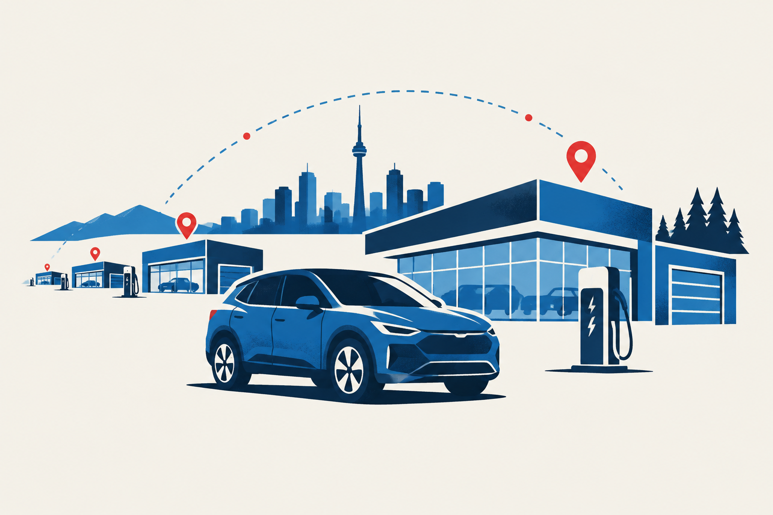 Editorial illustration representing: Geely begins building Canadian network ahead of planned 2027 EV entry