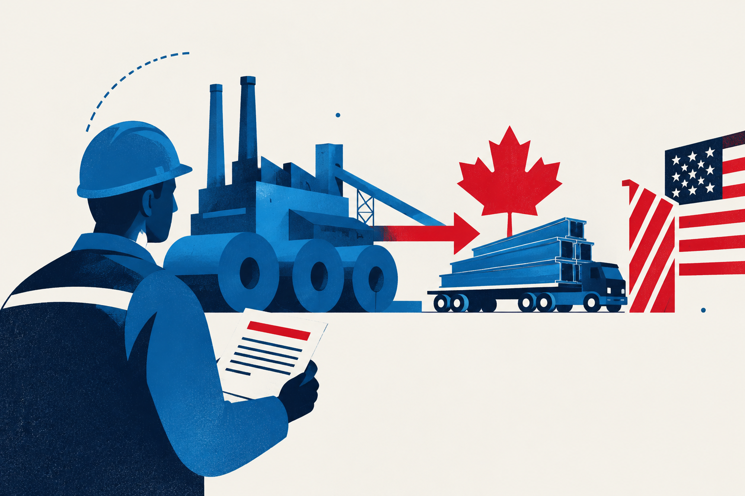 Editorial illustration representing: Stelco layoff notices highlight tariff-linked uncertainty despite Canadian order book