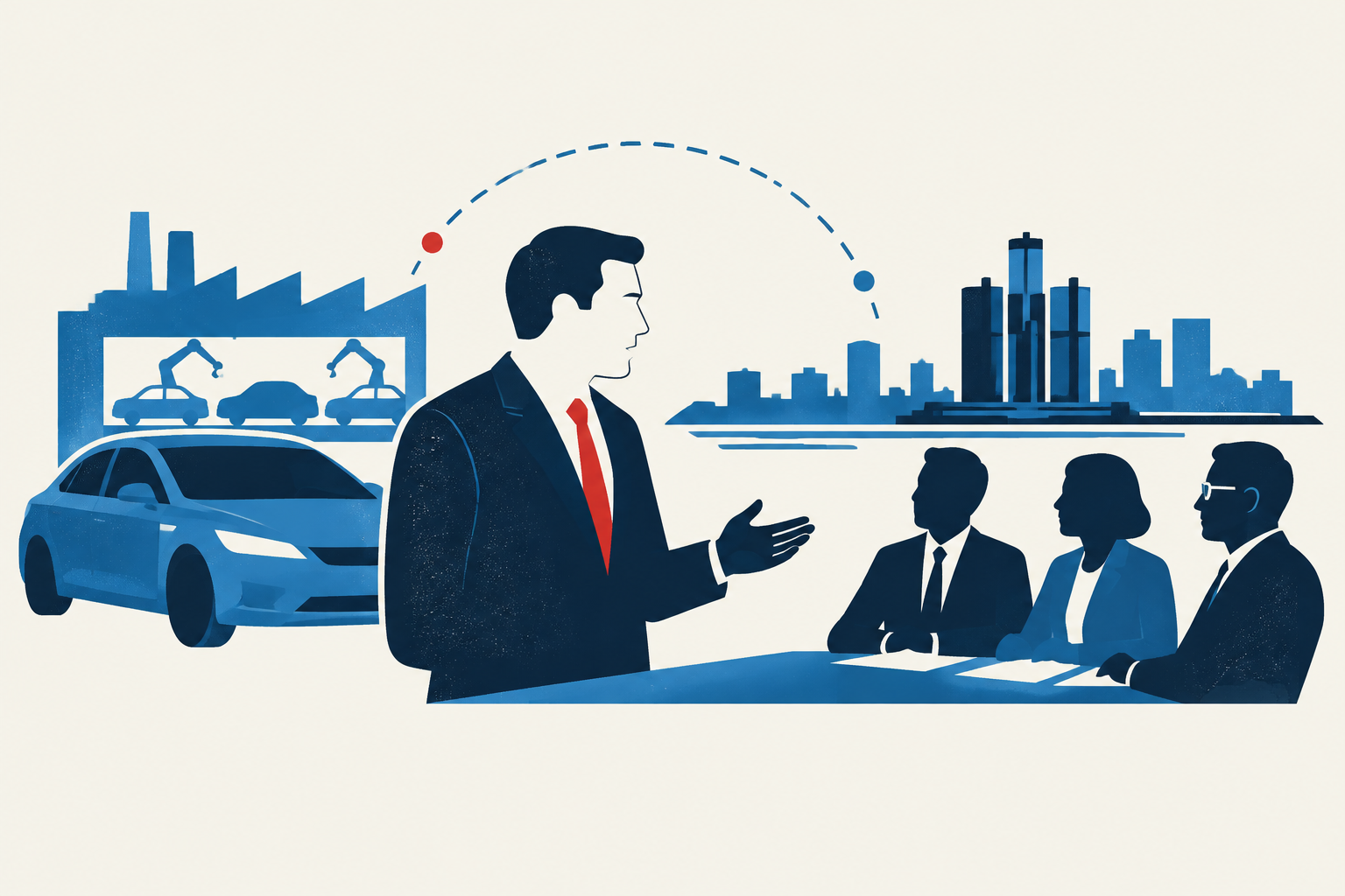Editorial illustration representing: Poilievre to take tariff-free auto proposal to Detroit business leaders