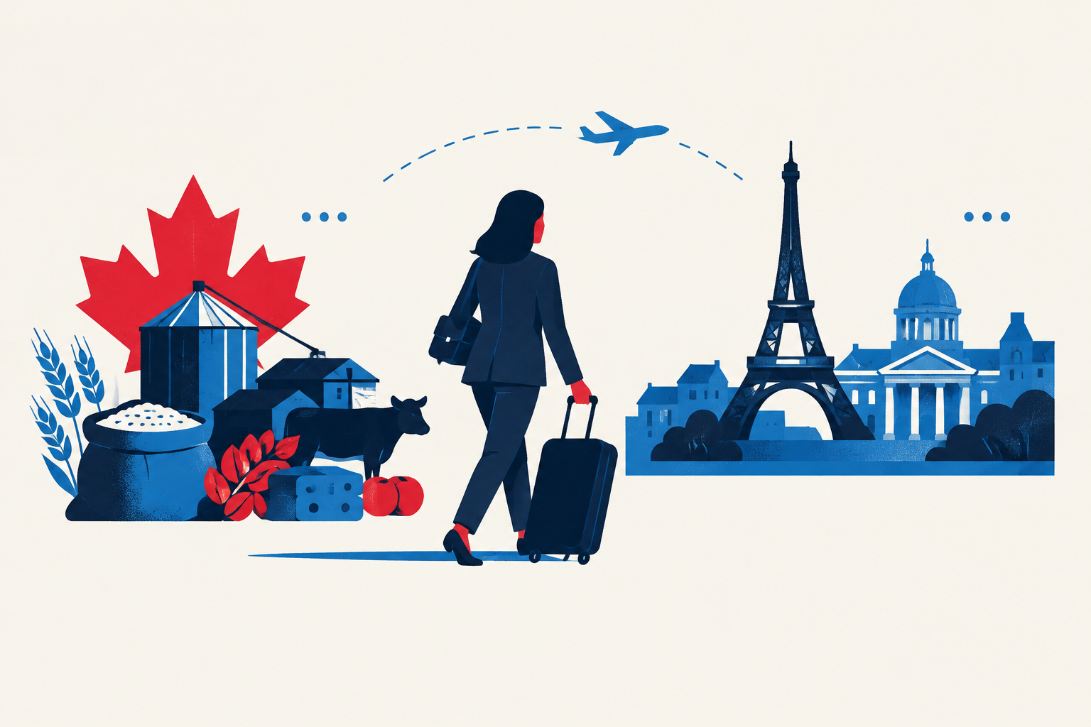 Editorial illustration representing: Agriculture minister heads to Brussels and Paris for EU trade outreach