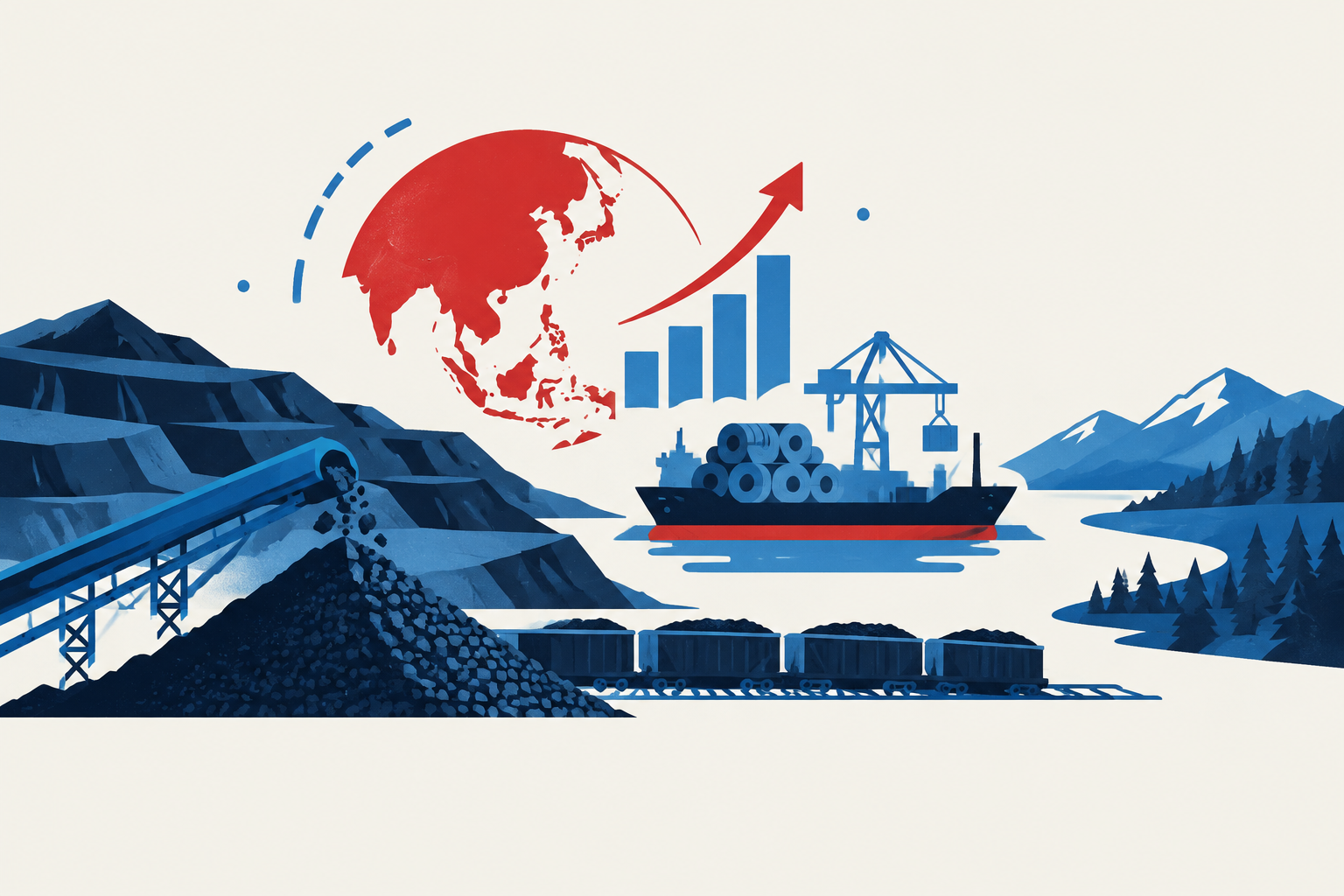 Editorial illustration representing: Asian steelmaking demand revives debate over Alberta metallurgical coal