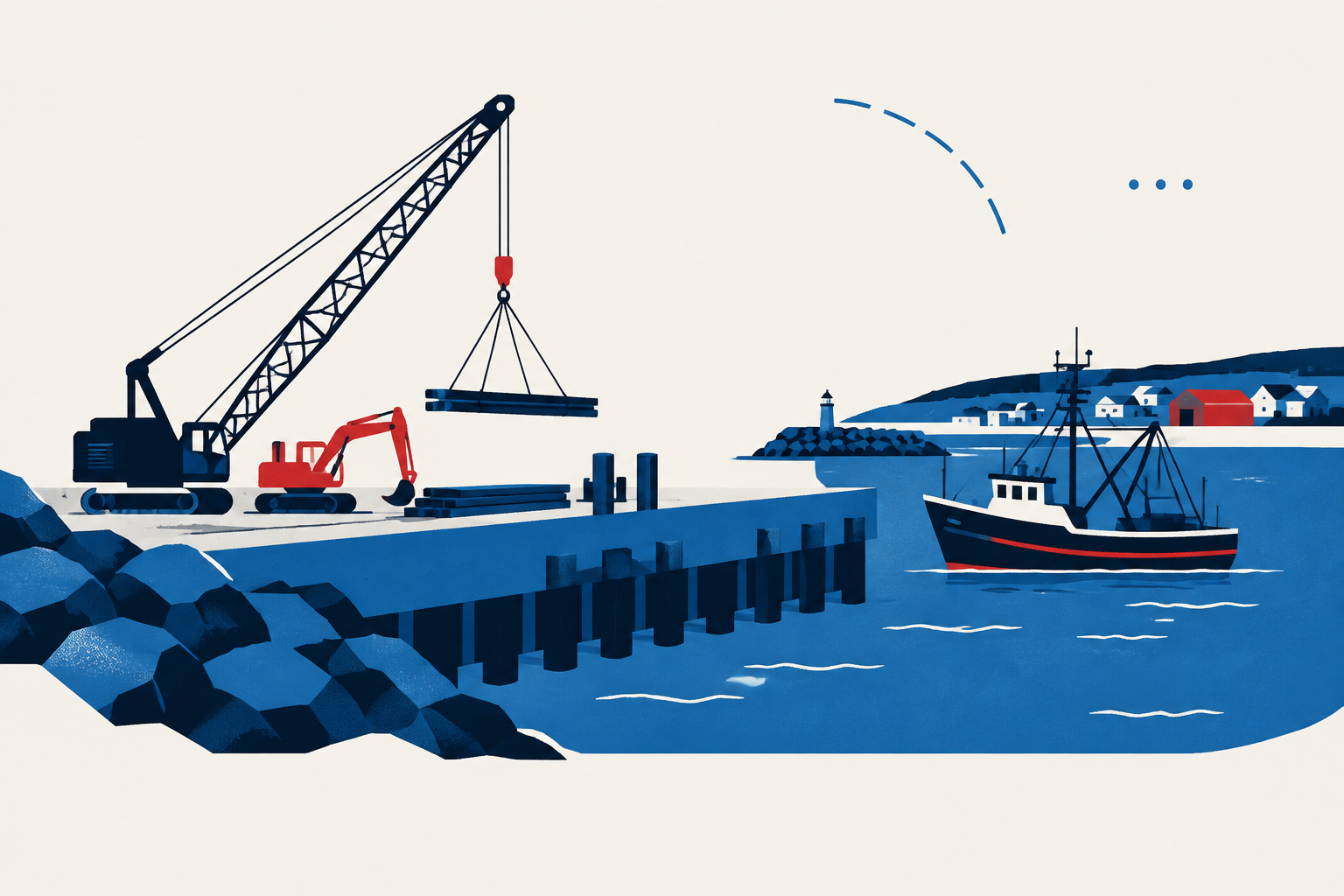 Editorial illustration representing: Canada begins nearly $9 million Glace Bay wharf project