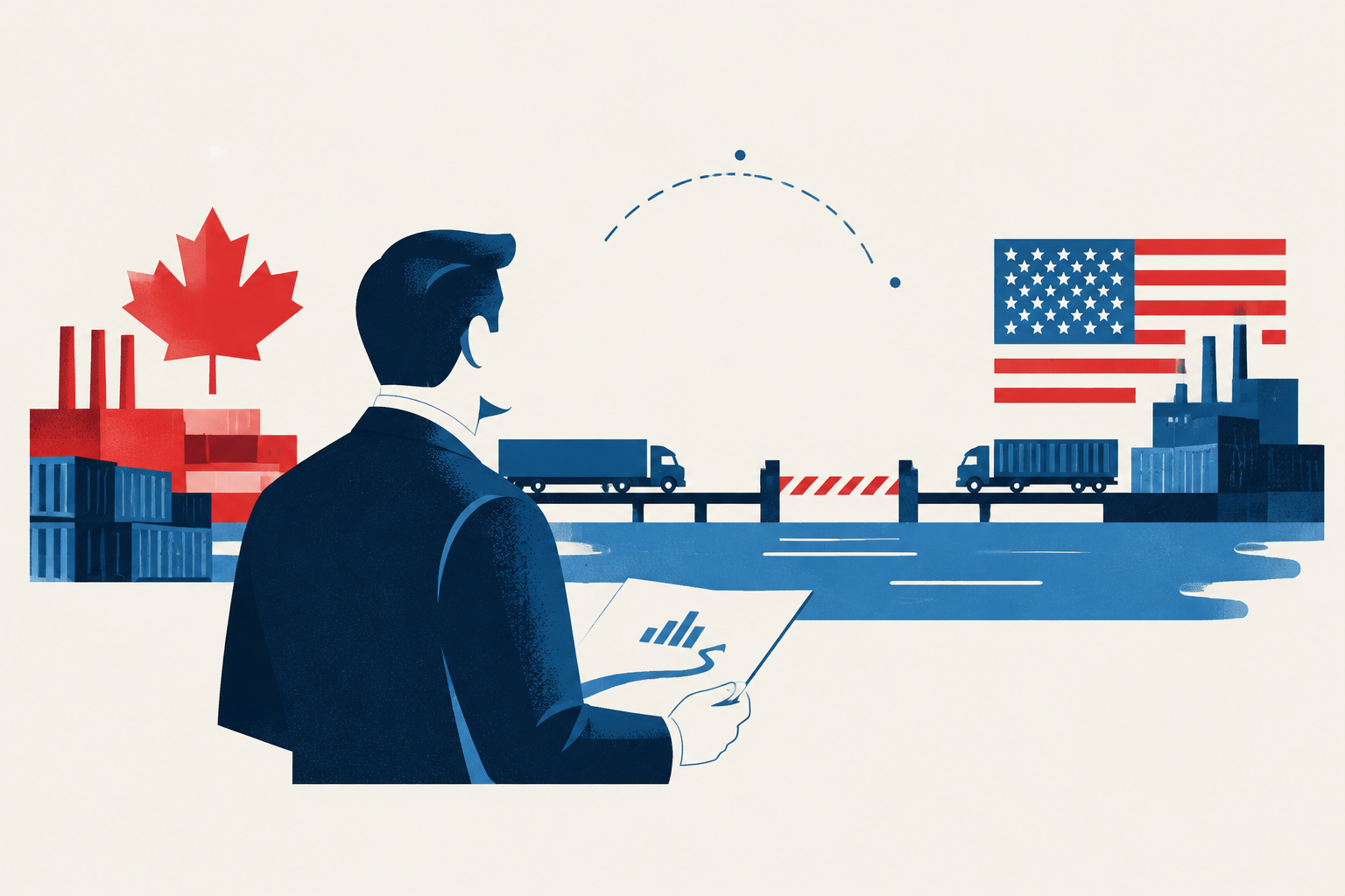 Editorial illustration representing: Ford urges Canada to plan for a lasting era of U.S. tariffs