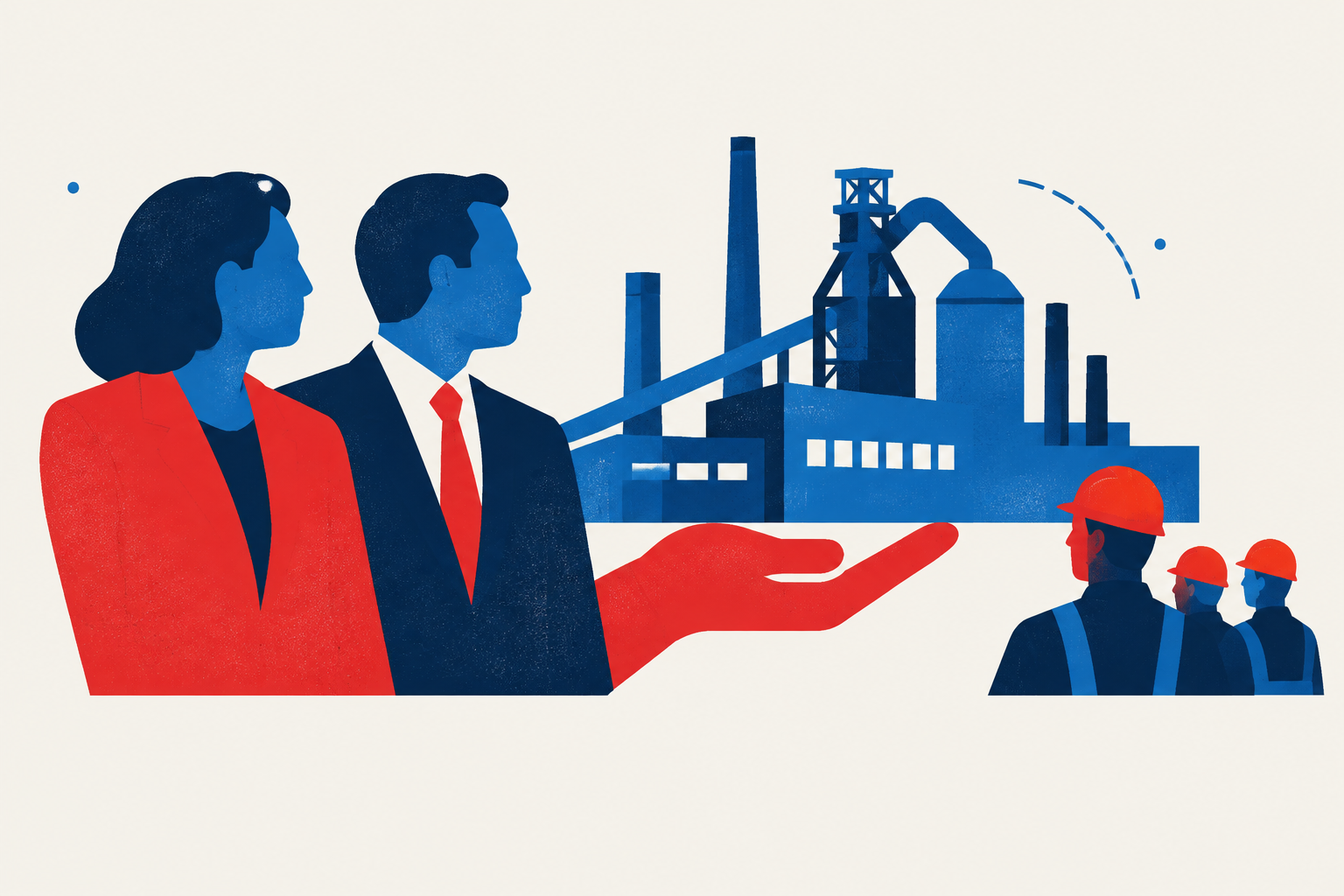 Editorial illustration representing: NDP leaders urge federal nationalization of Stelco after Cleveland-Cliffs maintains Hamilton layoffs