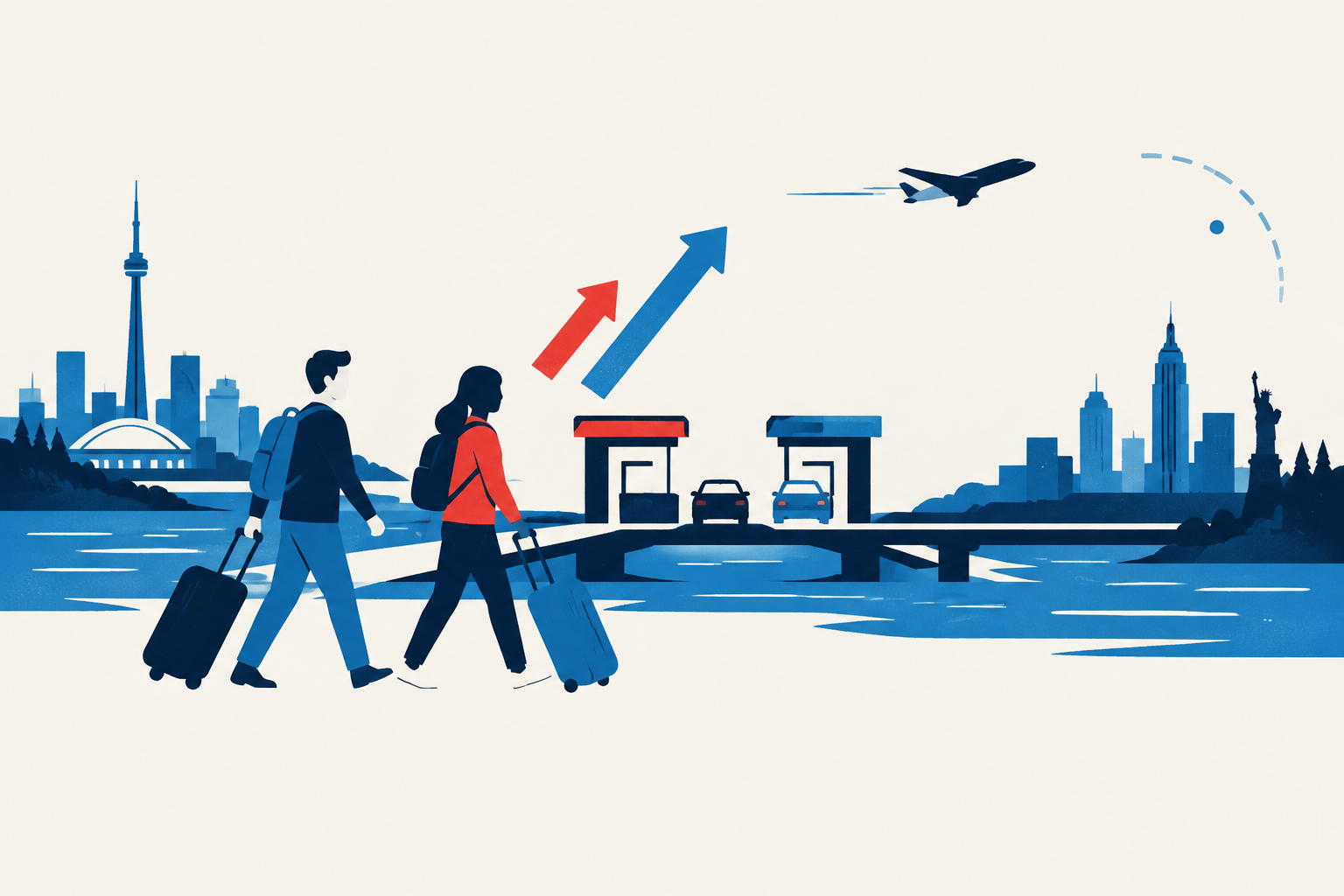 Editorial illustration representing: September cross-border travel rises as U.S. visits to Canada gain 17.2%